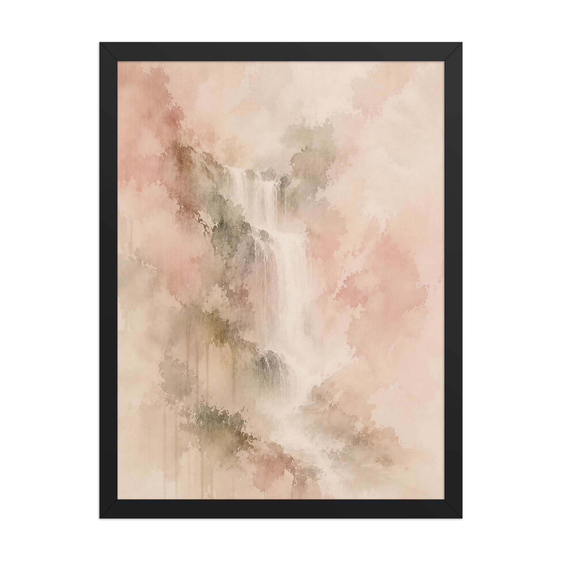 Framed waterfall-inspired poster featuring soft flowing forms in blush, warm neutral, and muted earth tones.