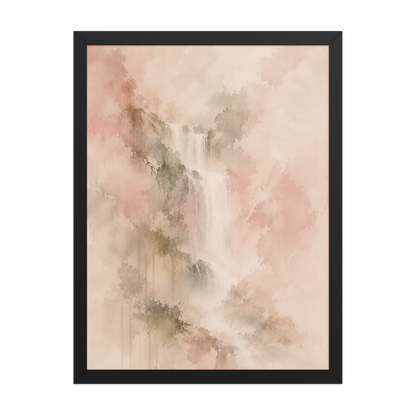 Framed waterfall-inspired poster featuring soft flowing forms in blush, warm neutral, and muted earth tones.