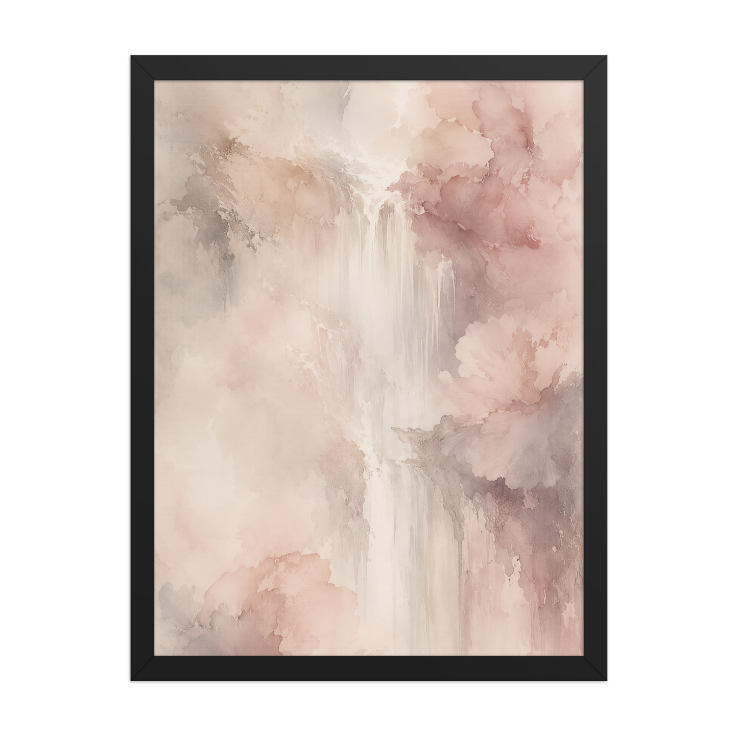 Framed waterfall-inspired poster featuring soft flowing forms in blush pink, warm neutrals, and muted earth tones.