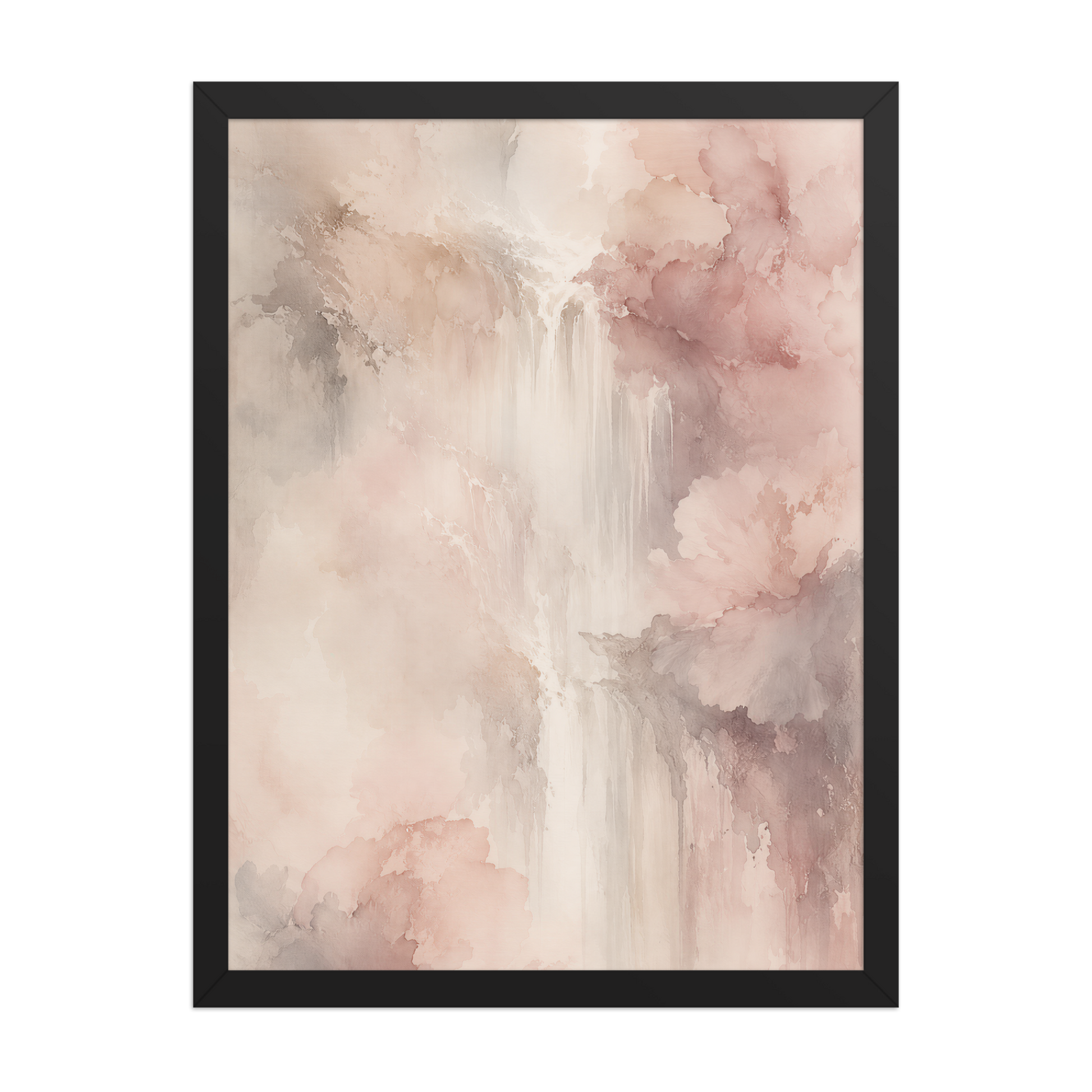 Framed waterfall-inspired poster featuring soft flowing forms in blush pink, warm neutrals, and muted earth tones.