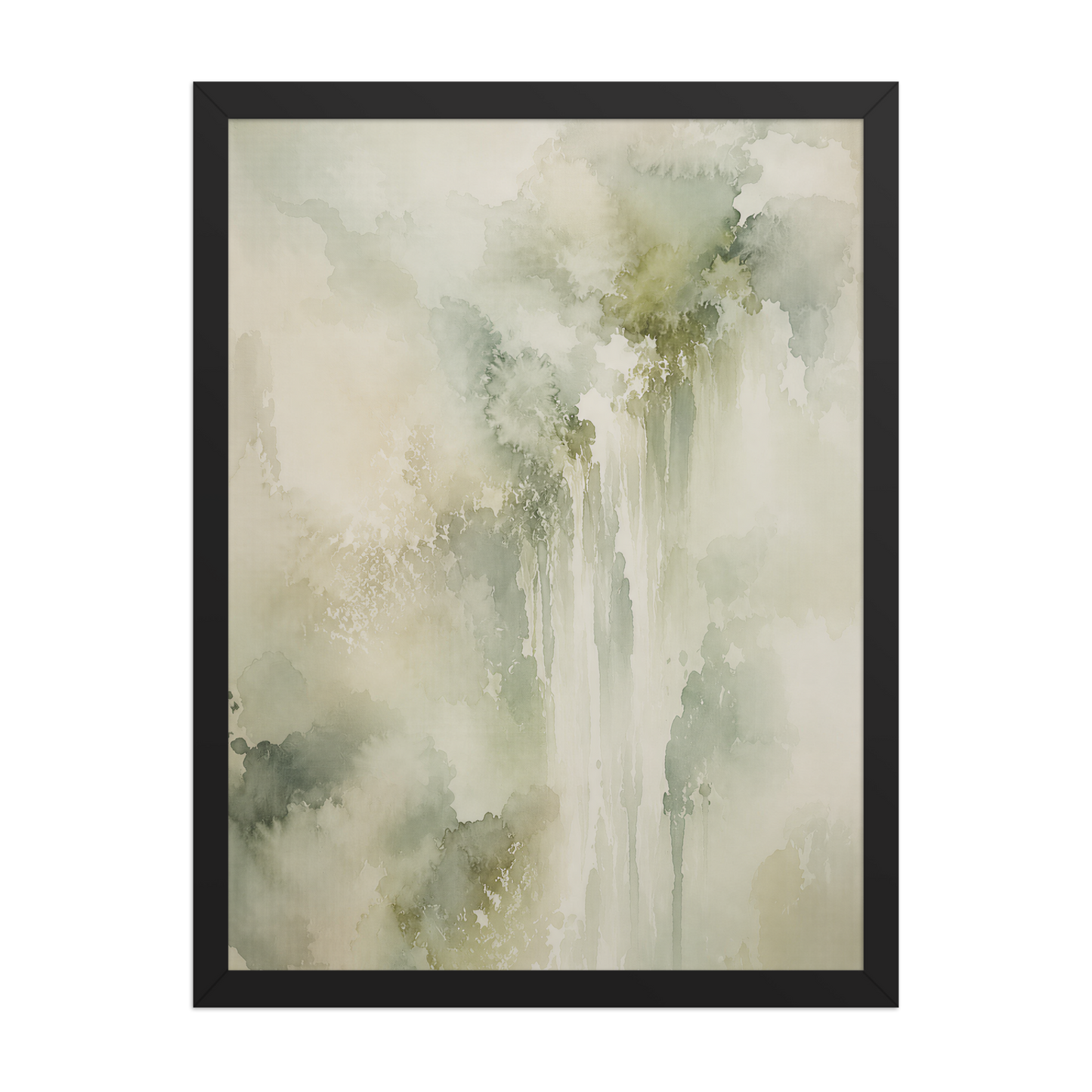 Framed waterfall-inspired poster featuring soft flowing forms in sage green, warm neutrals, and muted natural tones.