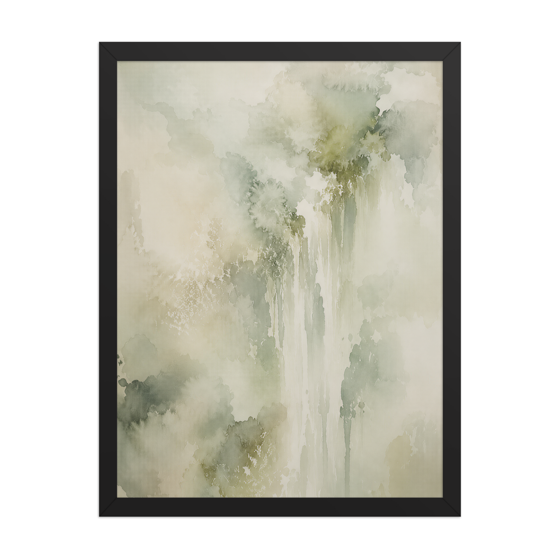 Framed waterfall-inspired poster featuring soft flowing forms in sage green, warm neutrals, and muted natural tones.