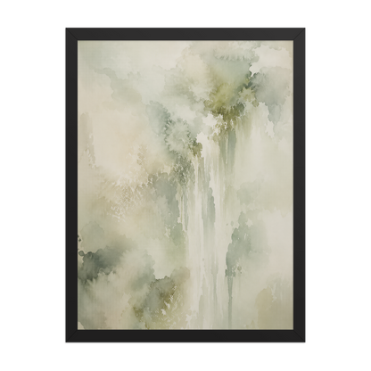 Framed waterfall-inspired poster featuring soft flowing forms in sage green, warm neutrals, and muted natural tones.