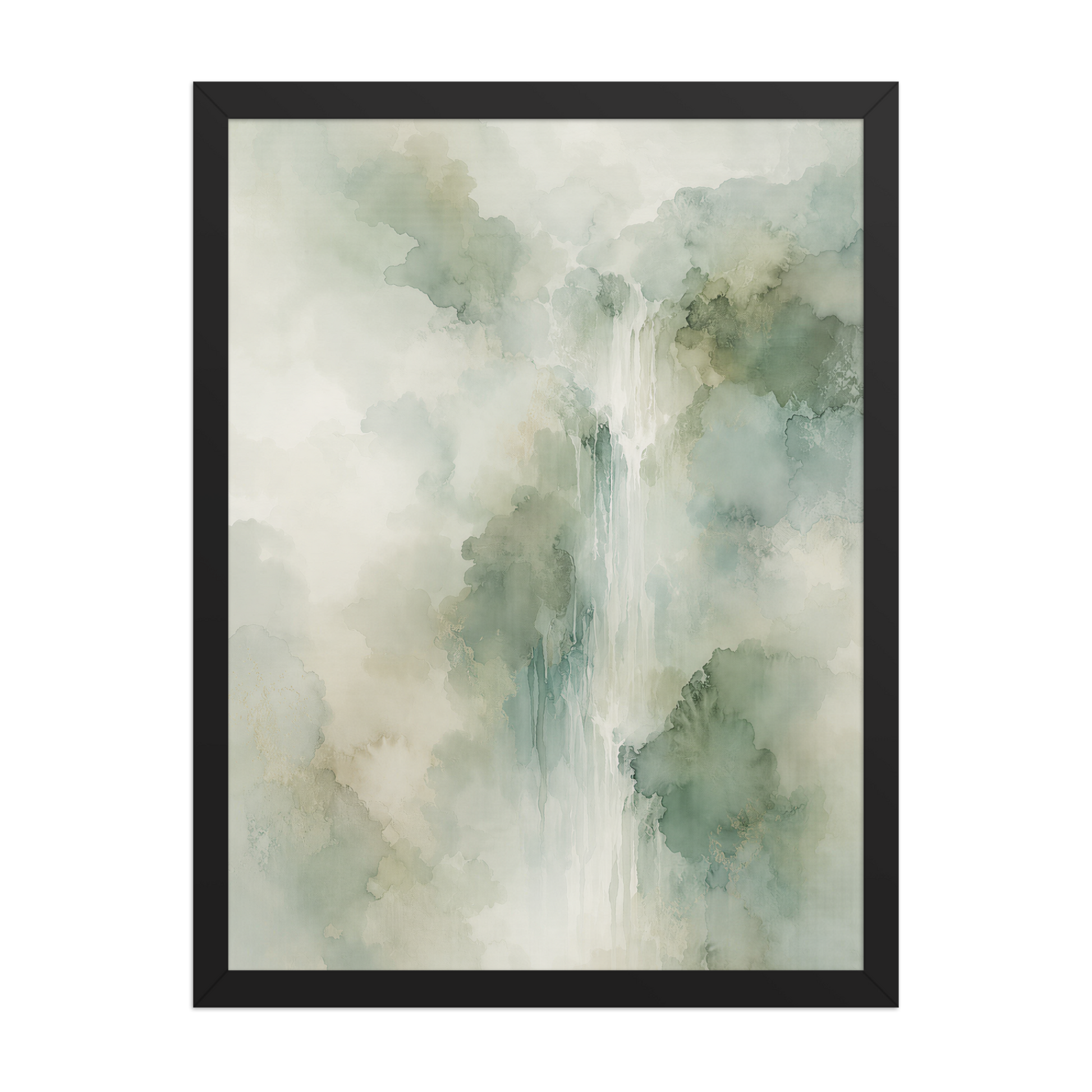Framed waterfall-inspired poster with soft sage green tones, flowing water, and organic watercolor textures.