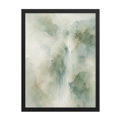 Framed waterfall-inspired poster with soft sage green tones, flowing water, and organic watercolor textures.