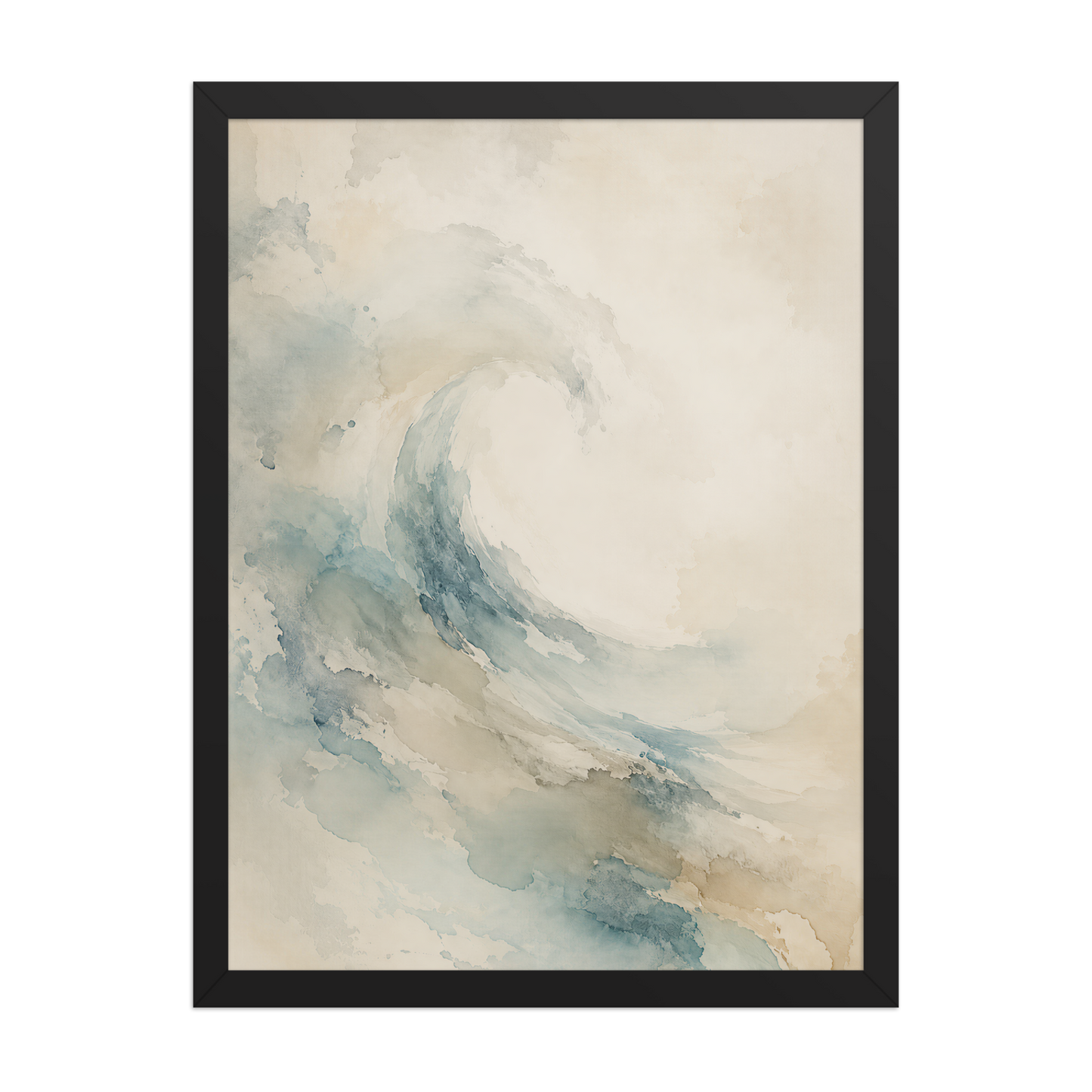 Framed ocean wave-inspired poster with flowing watercolor textures in soft blue, sand, and warm neutral tones.