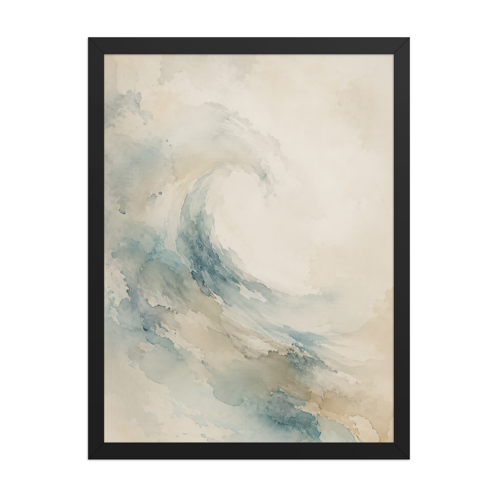 Framed ocean wave-inspired poster with flowing watercolor textures in soft blue, sand, and warm neutral tones.