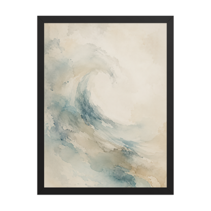 Framed ocean wave-inspired poster with flowing watercolor textures in soft blue, sand, and warm neutral tones.