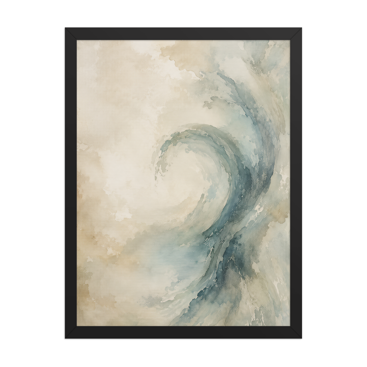 Framed ocean wave-inspired poster with flowing watercolor textures in soft blue, ivory, and warm neutral tones.