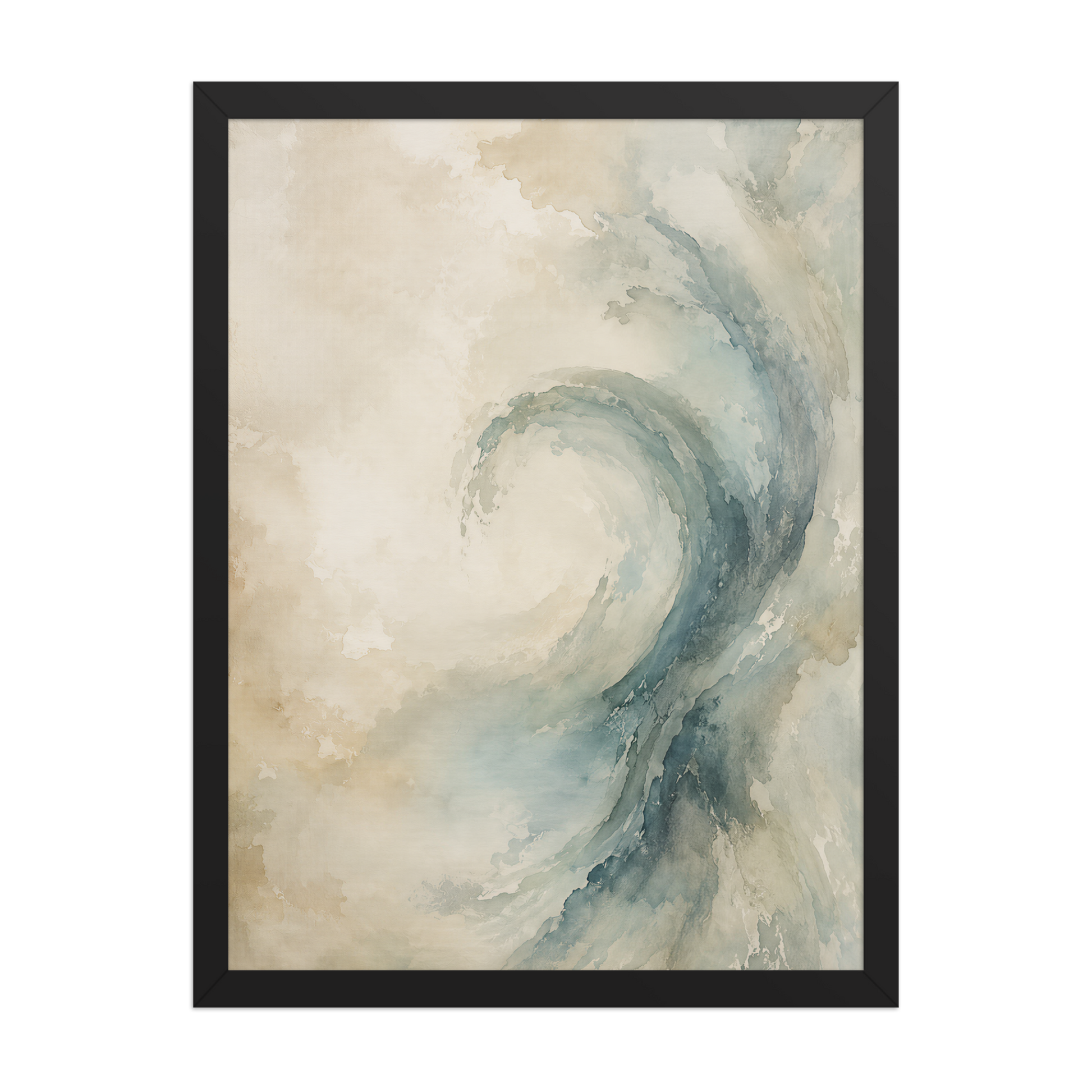 Framed ocean wave-inspired poster with flowing watercolor textures in soft blue, ivory, and warm neutral tones.