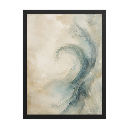 Framed ocean wave-inspired poster with flowing watercolor textures in soft blue, ivory, and warm neutral tones.