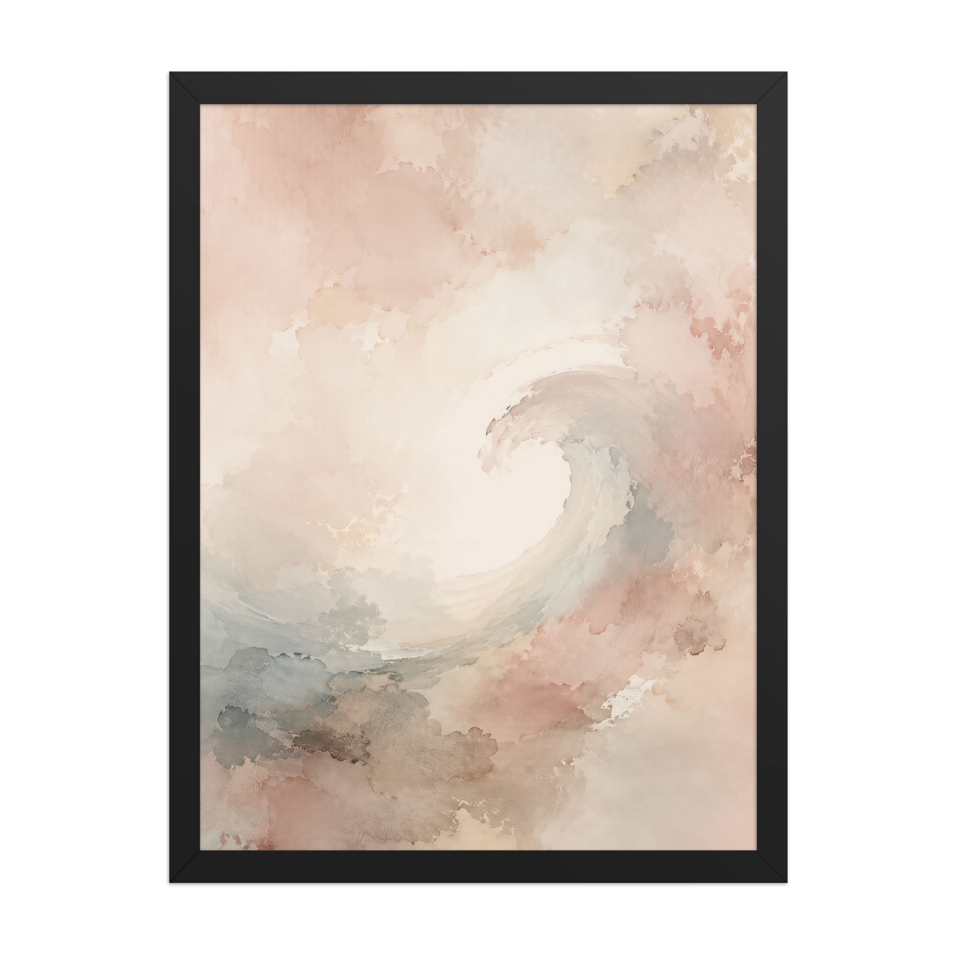 Framed ocean wave-inspired poster with flowing watercolor textures in blush, soft blue, and warm neutral tones.