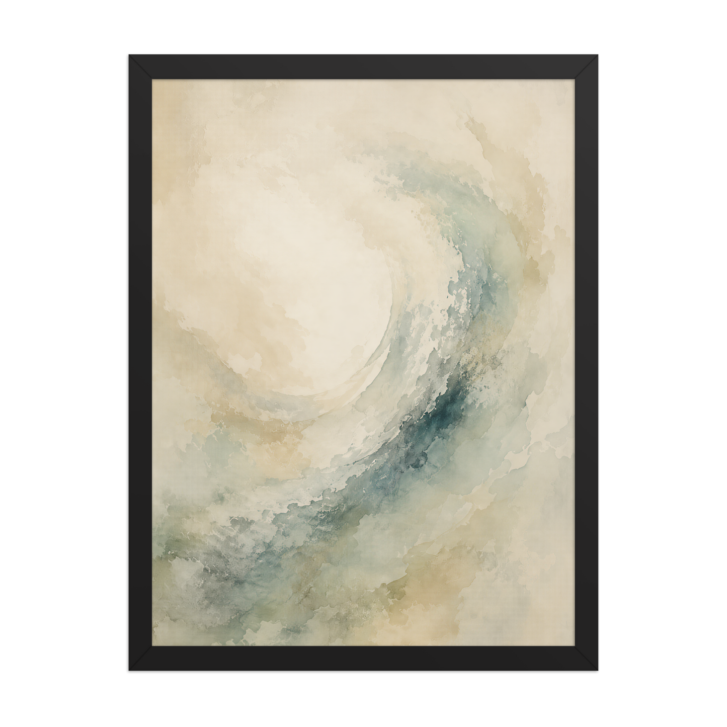 Framed ocean wave-inspired poster with flowing watercolor textures in soft blue, sage, and warm neutral tones.
