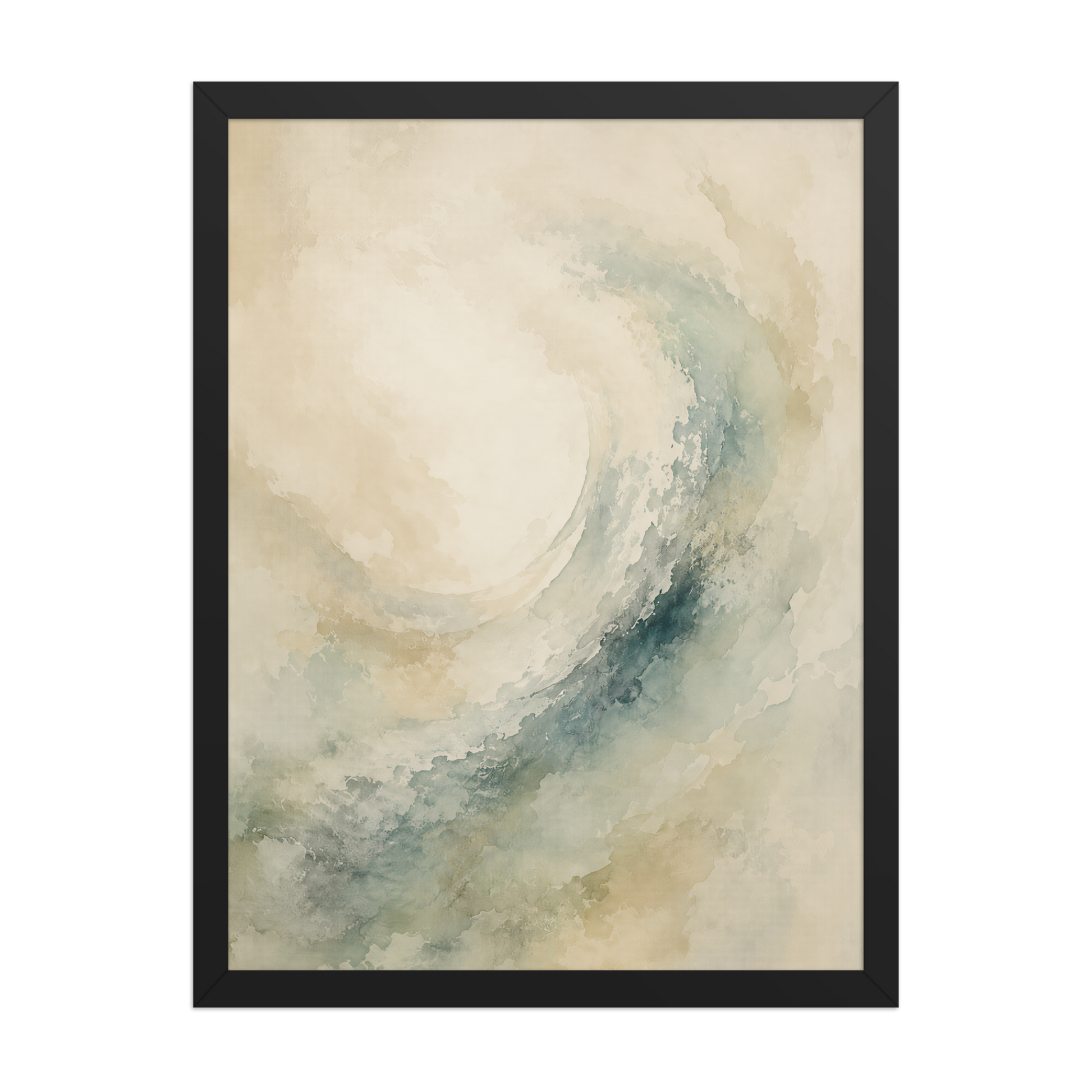 Framed ocean wave-inspired poster with flowing watercolor textures in soft blue, sage, and warm neutral tones.