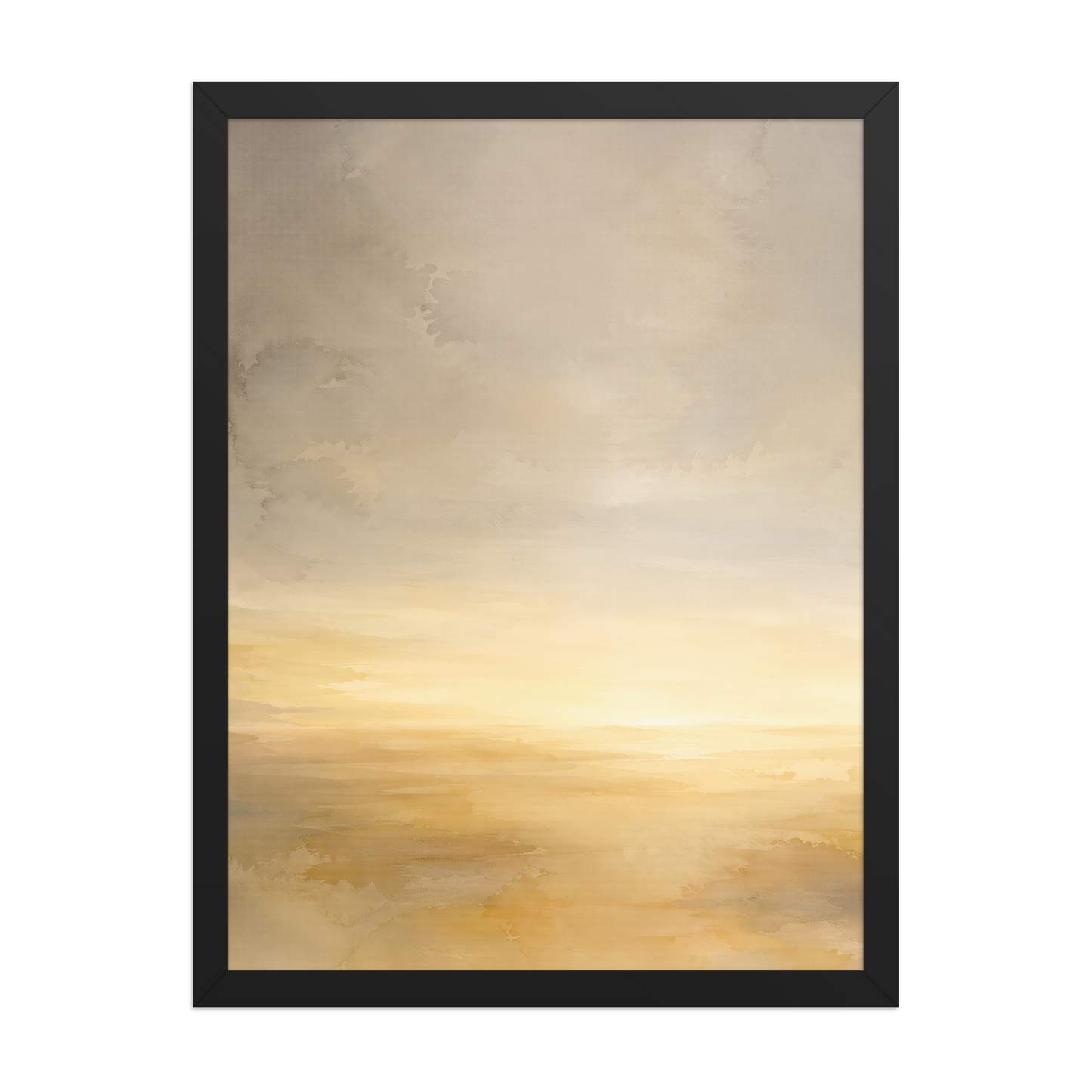 Framed sunrise poster featuring a glowing ocean horizon with soft watercolor textures in warm gold, ivory, and neutral tones.