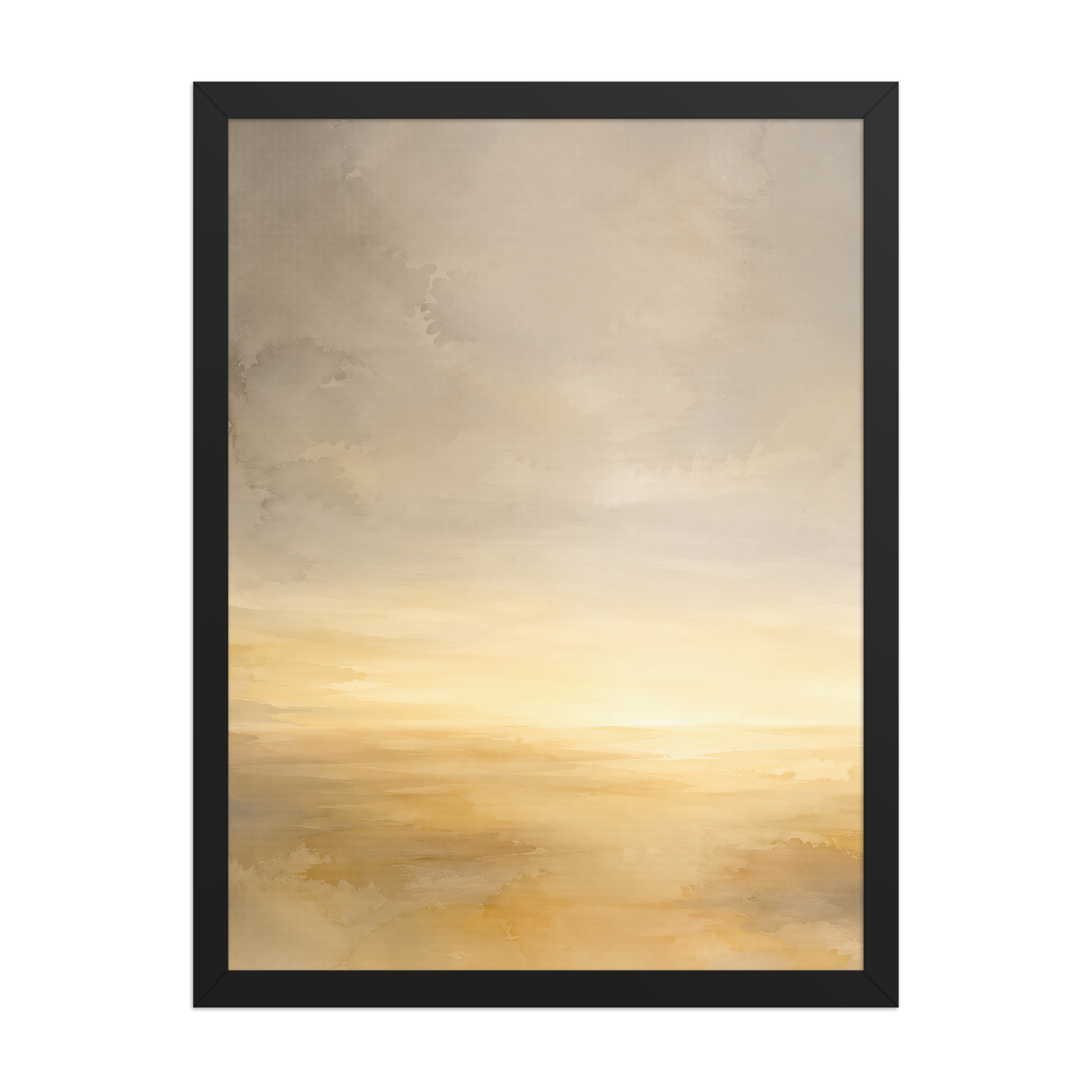 Framed sunrise poster featuring a glowing ocean horizon with soft watercolor textures in warm gold, ivory, and neutral tones.