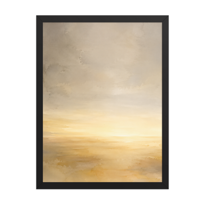 Framed sunrise poster featuring a glowing ocean horizon with soft watercolor textures in warm gold, ivory, and neutral tones.