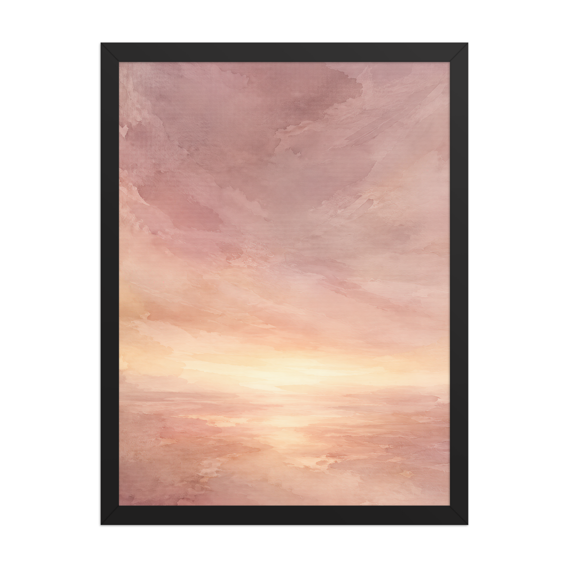 Framed sunrise poster with a glowing blush ocean horizon and soft watercolor textures in pink, peach, and warm neutral tones.