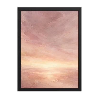 Framed sunrise poster with a glowing blush ocean horizon and soft watercolor textures in pink, peach, and warm neutral tones.