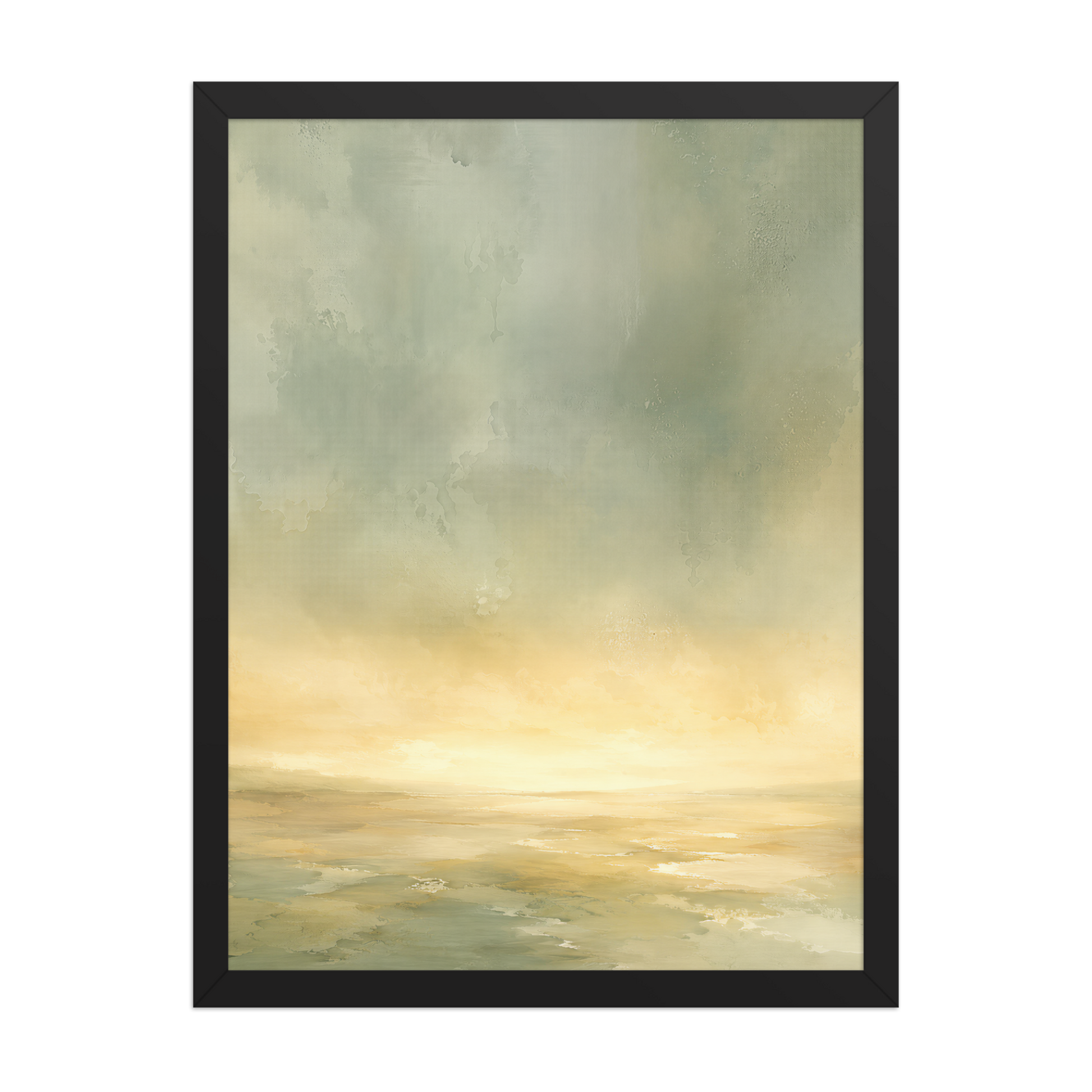 Framed sunrise poster featuring a glowing ocean horizon with soft sage green, warm gold, and watercolor textures.