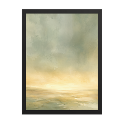 Framed sunrise poster featuring a glowing ocean horizon with soft sage green, warm gold, and watercolor textures.