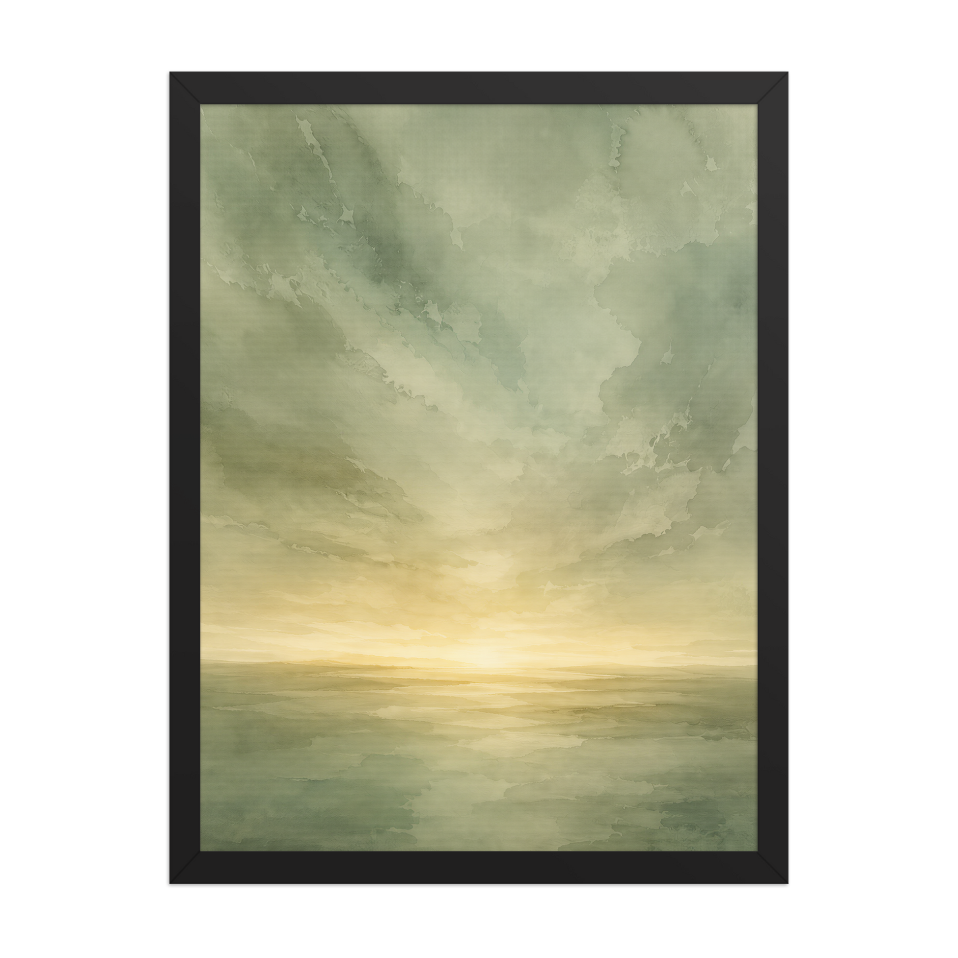 Framed sunrise poster featuring a glowing ocean horizon with soft sage green watercolor textures and warm golden light.