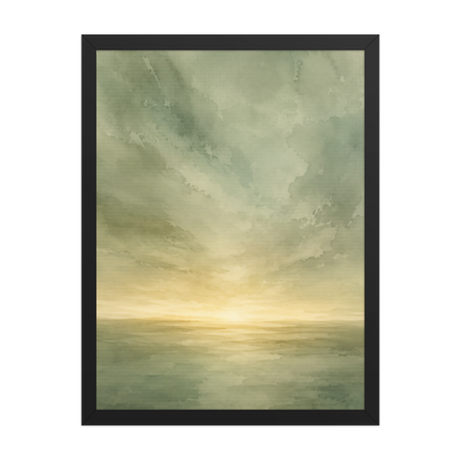 Framed sunrise poster featuring a glowing ocean horizon with soft sage green watercolor textures and warm golden light.