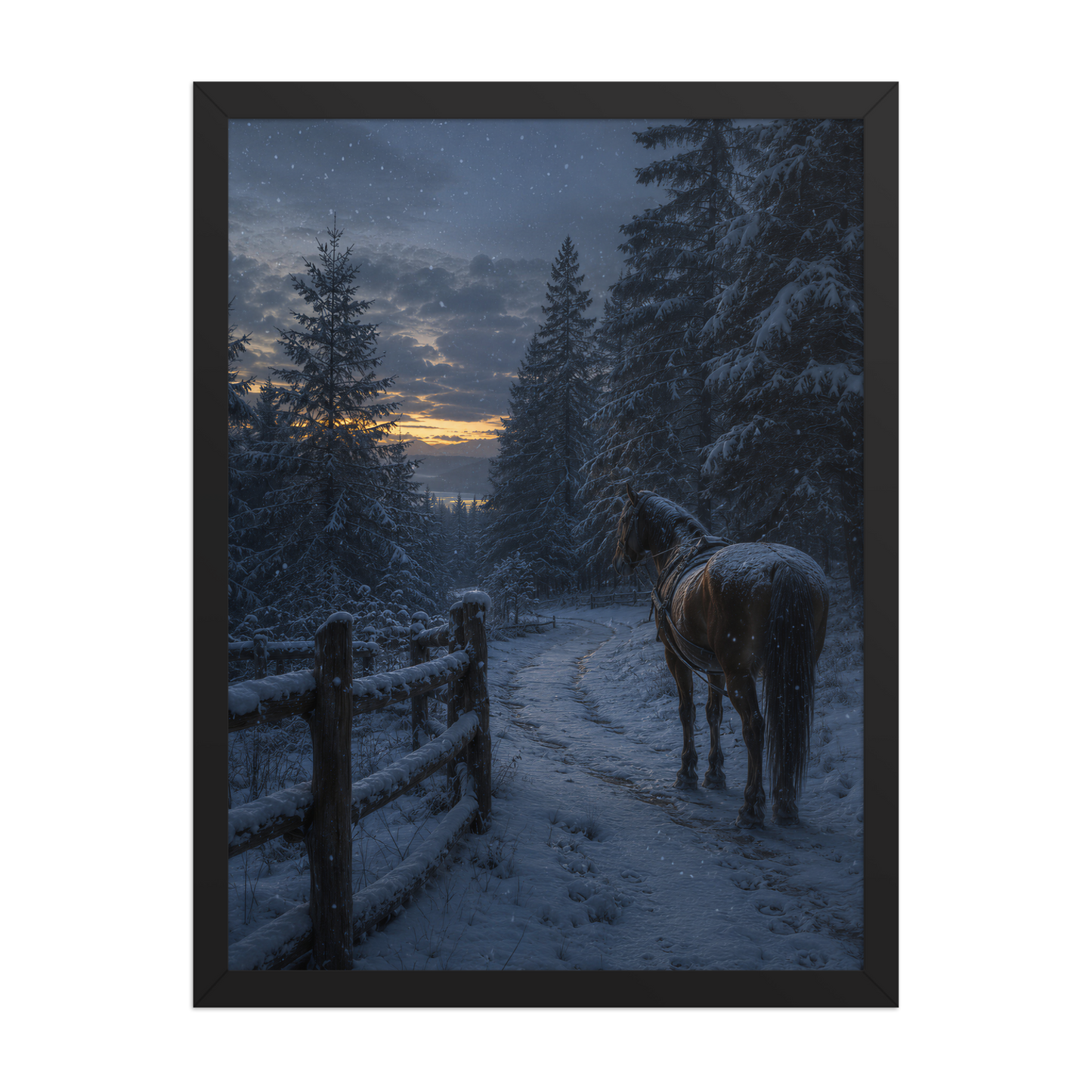 Framed winter forest poster featuring a lone horse on a snowy woodland path at twilight, inspired by Robert Frost's Miles to go, original Visual Poetry artwork.