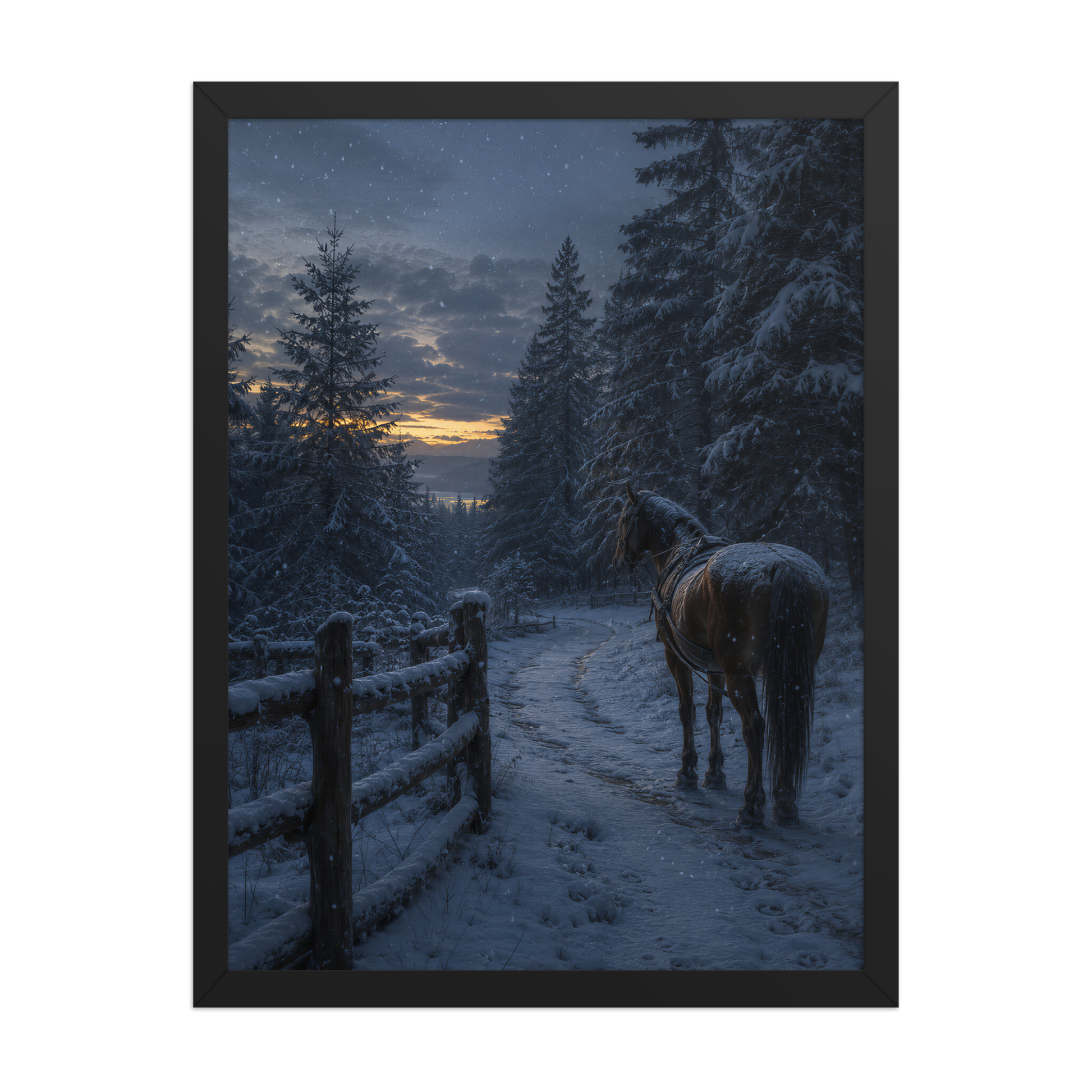 Framed winter forest poster featuring a lone horse on a snowy woodland path at twilight, inspired by Robert Frost's Miles to go, original Visual Poetry artwork.
