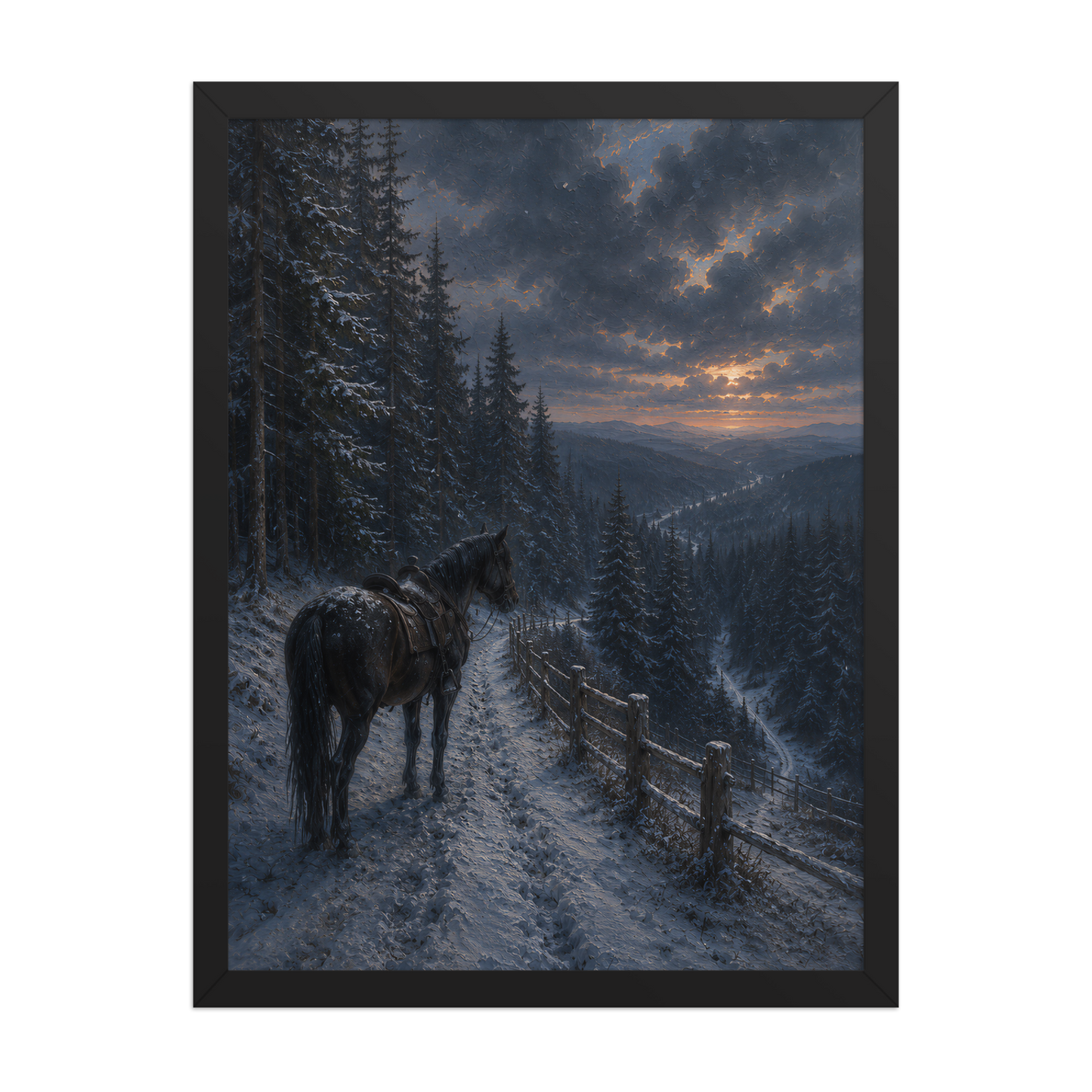 Framed mountain trail poster featuring a lone horse overlooking a snowy valley at winter sunset, inspired by Robert Frost's The Road Not Taken, original Visual Poetry artwork.