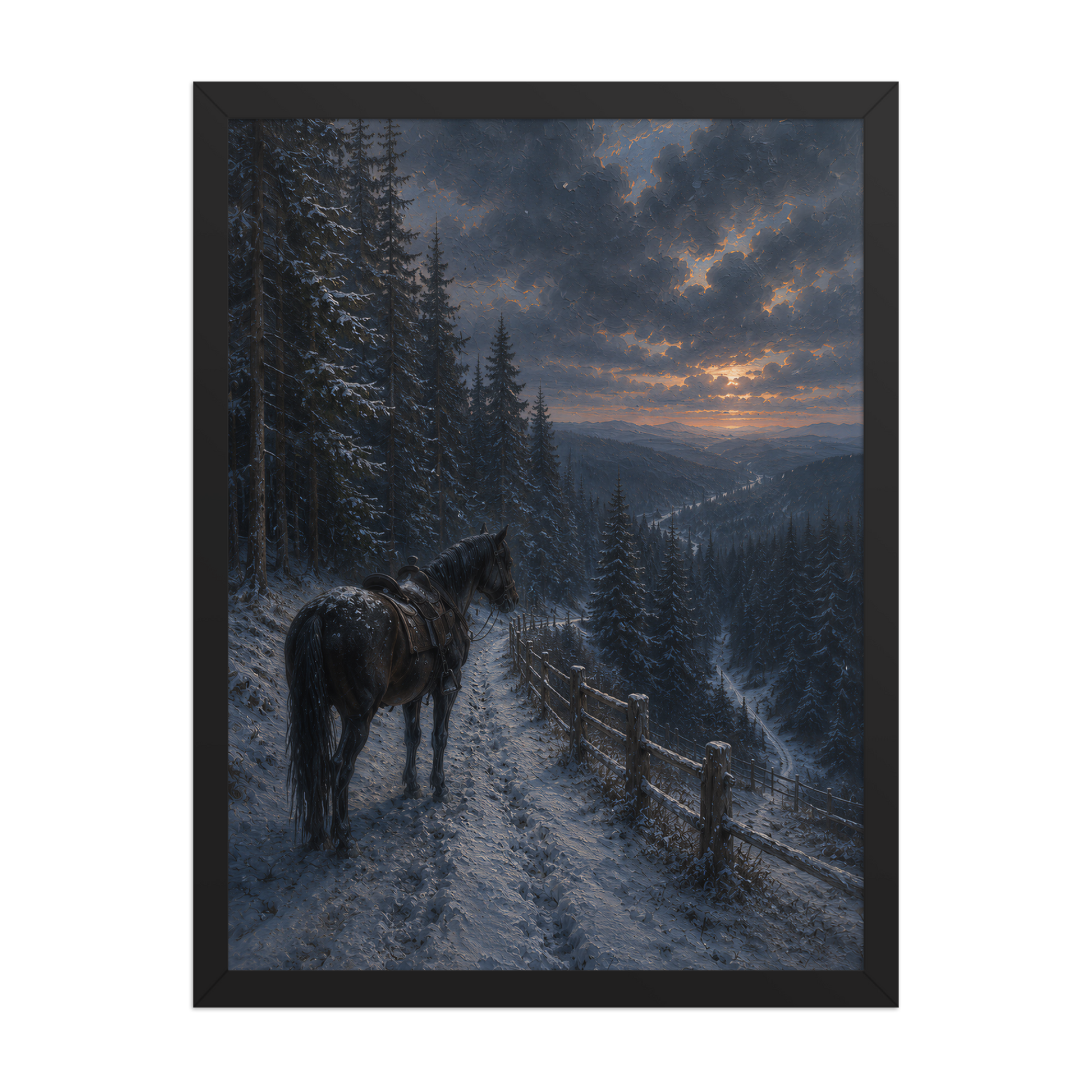 Framed mountain trail poster featuring a lone horse overlooking a snowy valley at winter sunset, inspired by Robert Frost's The Road Not Taken, original Visual Poetry artwork.