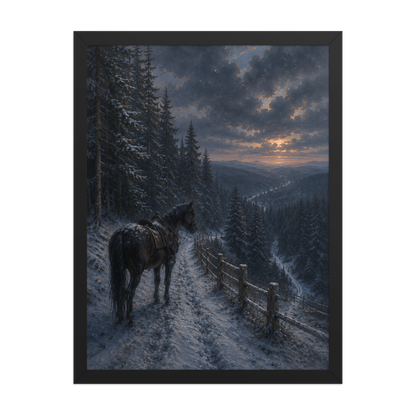 Framed mountain trail poster featuring a lone horse overlooking a snowy valley at winter sunset, inspired by Robert Frost's The Road Not Taken, original Visual Poetry artwork.