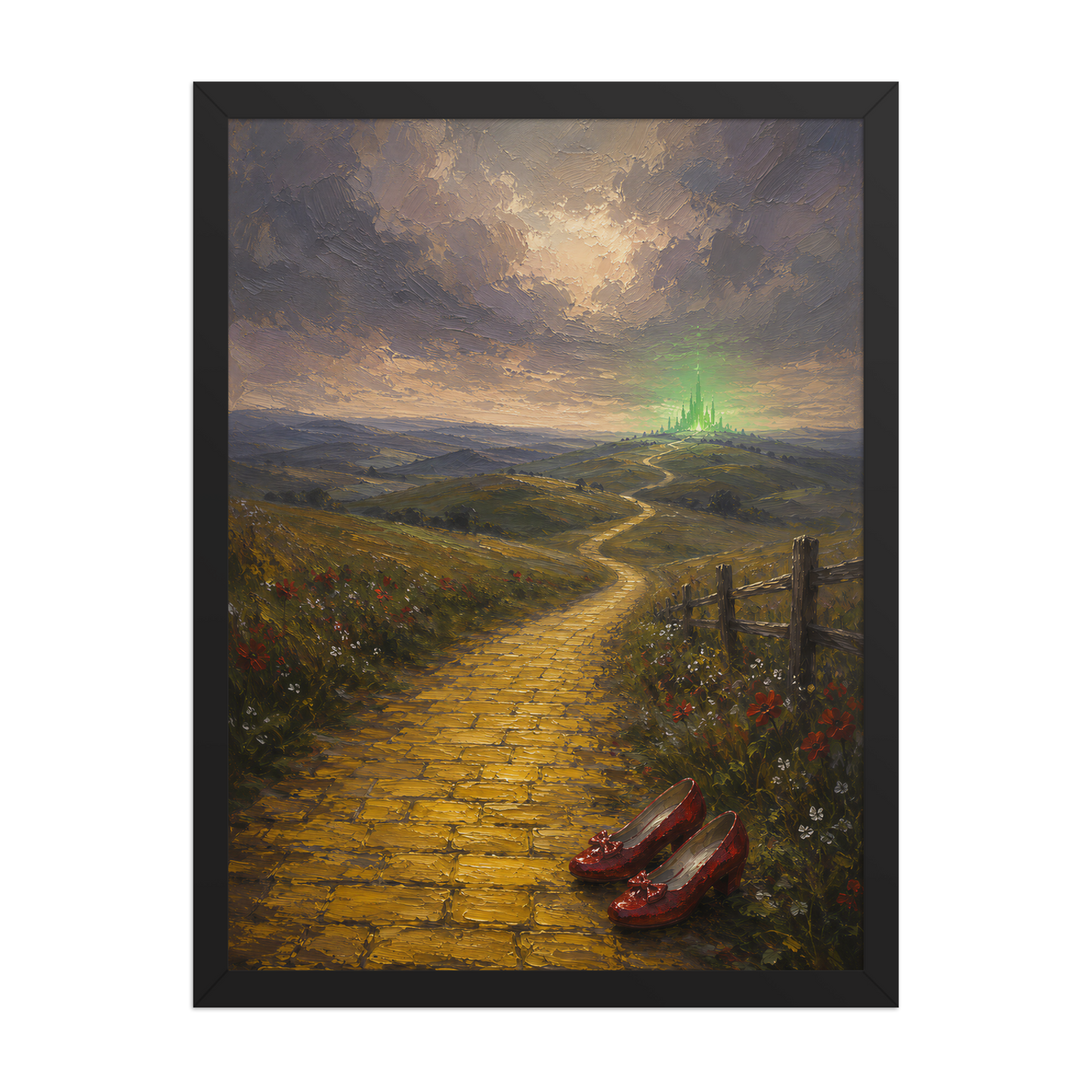 Framed Yellow Brick Road poster featuring ruby slippers beside a winding golden path leading toward a distant emerald city, inspired by There's No Place Like Home, original Visual Poetry artwork.
