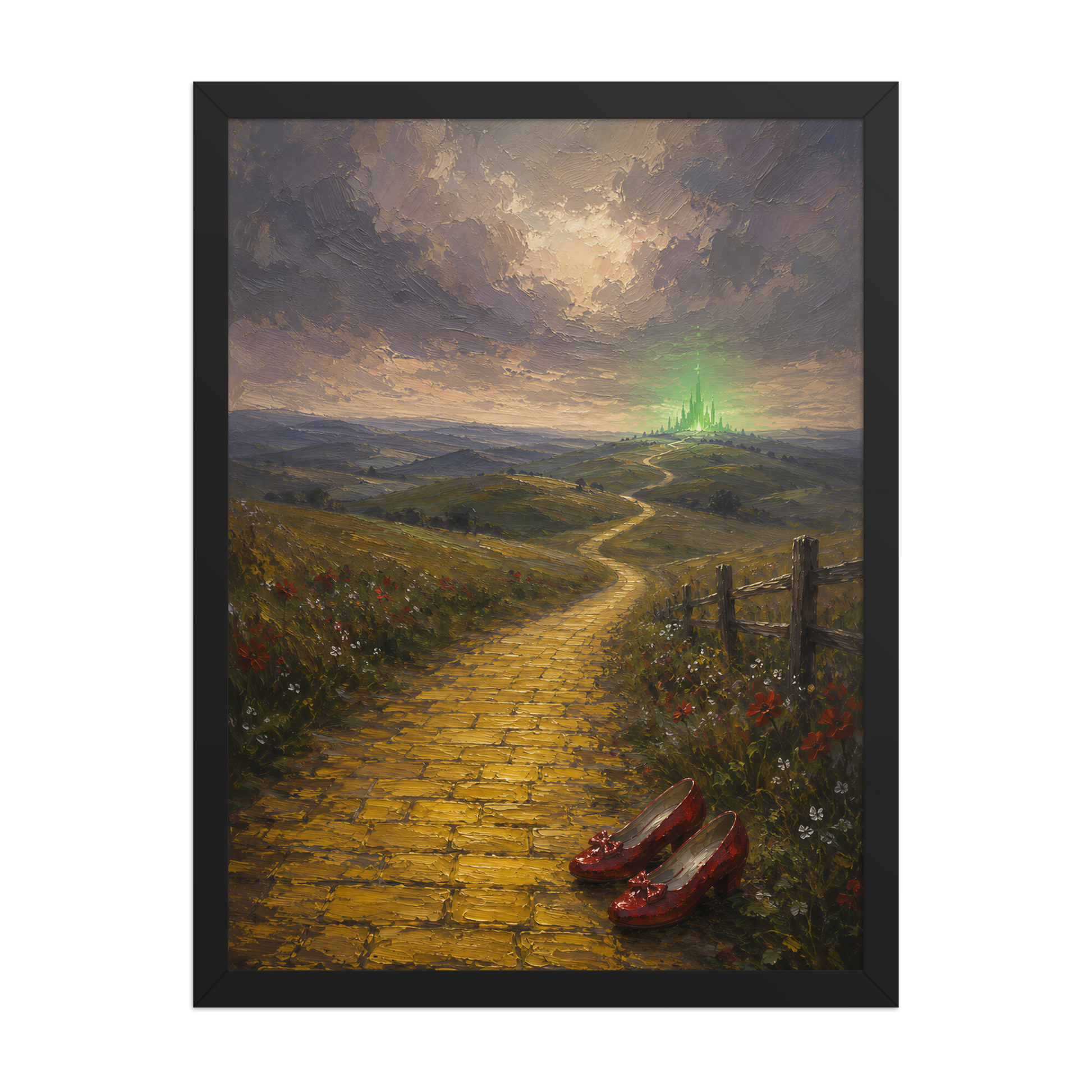 Framed Yellow Brick Road poster featuring ruby slippers beside a winding golden path leading toward a distant emerald city, inspired by There's No Place Like Home, original Visual Poetry artwork.