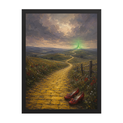 Framed Yellow Brick Road poster featuring ruby slippers beside a winding golden path leading toward a distant emerald city, inspired by There's No Place Like Home, original Visual Poetry artwork.