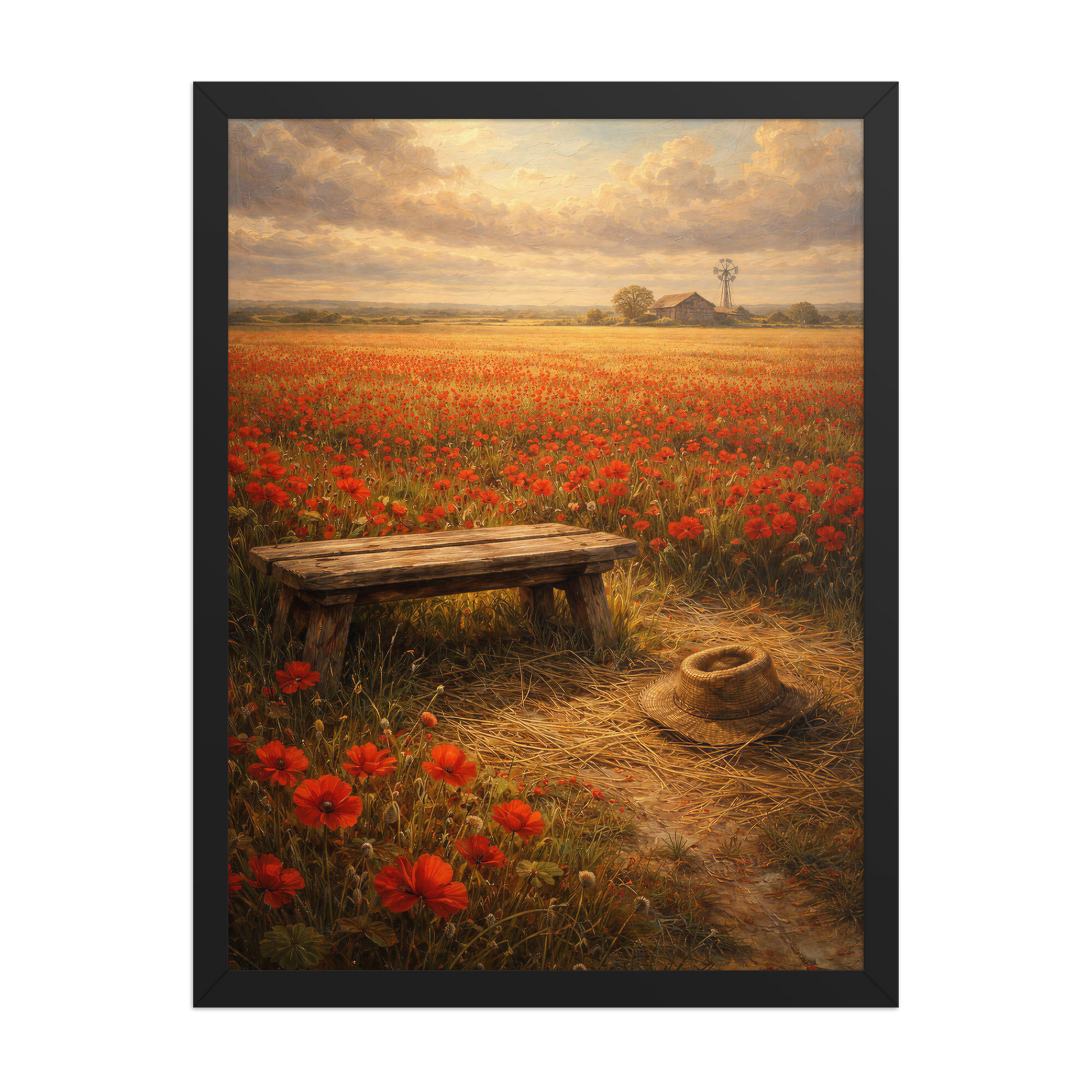Framed Poppy Field poster featuring a rustic bench, straw hat, and a vast field of red poppies beneath a glowing countryside sky, inspired by The Deadly Poppy Field, original Visual Poetry artwork.