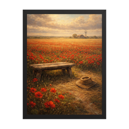 Framed Poppy Field poster featuring a rustic bench, straw hat, and a vast field of red poppies beneath a glowing countryside sky, inspired by The Deadly Poppy Field, original Visual Poetry artwork.