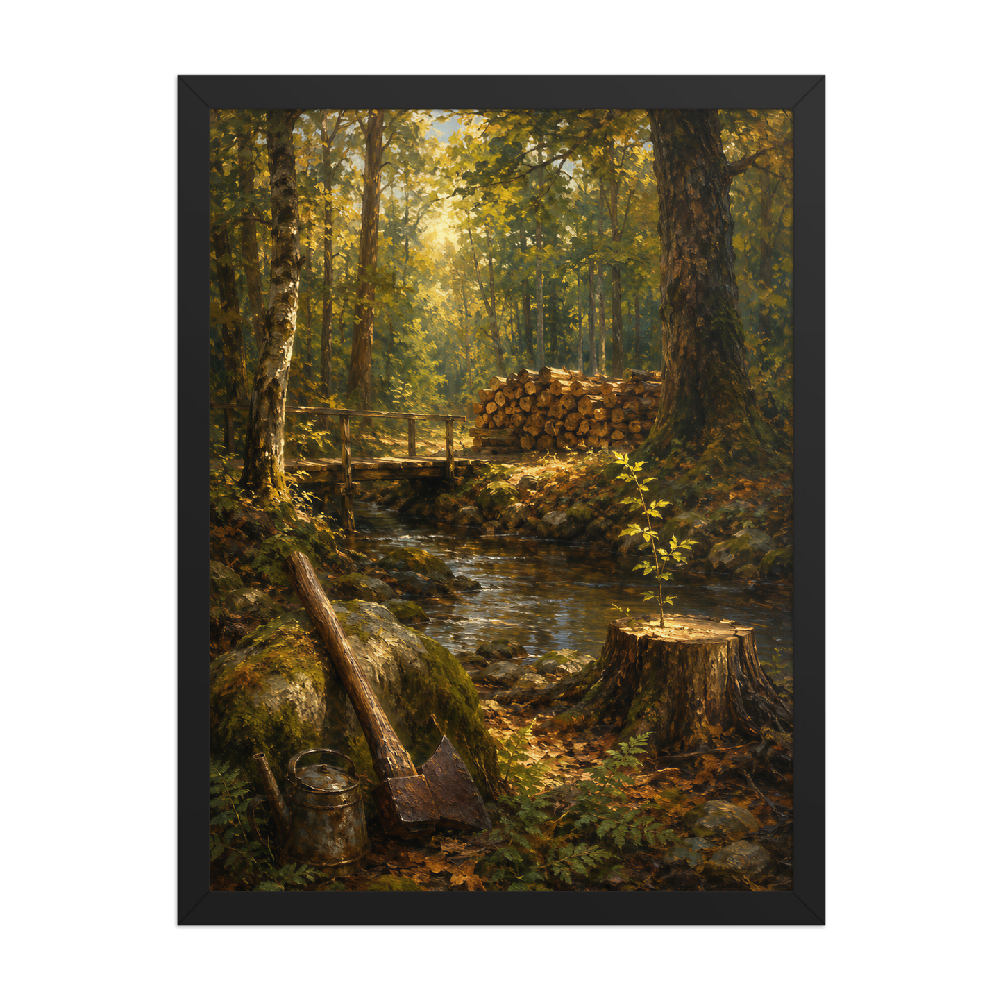Framed Forest Clearing poster featuring a woodland stream, rustic bridge, axe, stacked firewood, and a young sapling growing from a tree stump, inspired by Follow the Yellow Brick Road, original Visual Poetry artwork.
