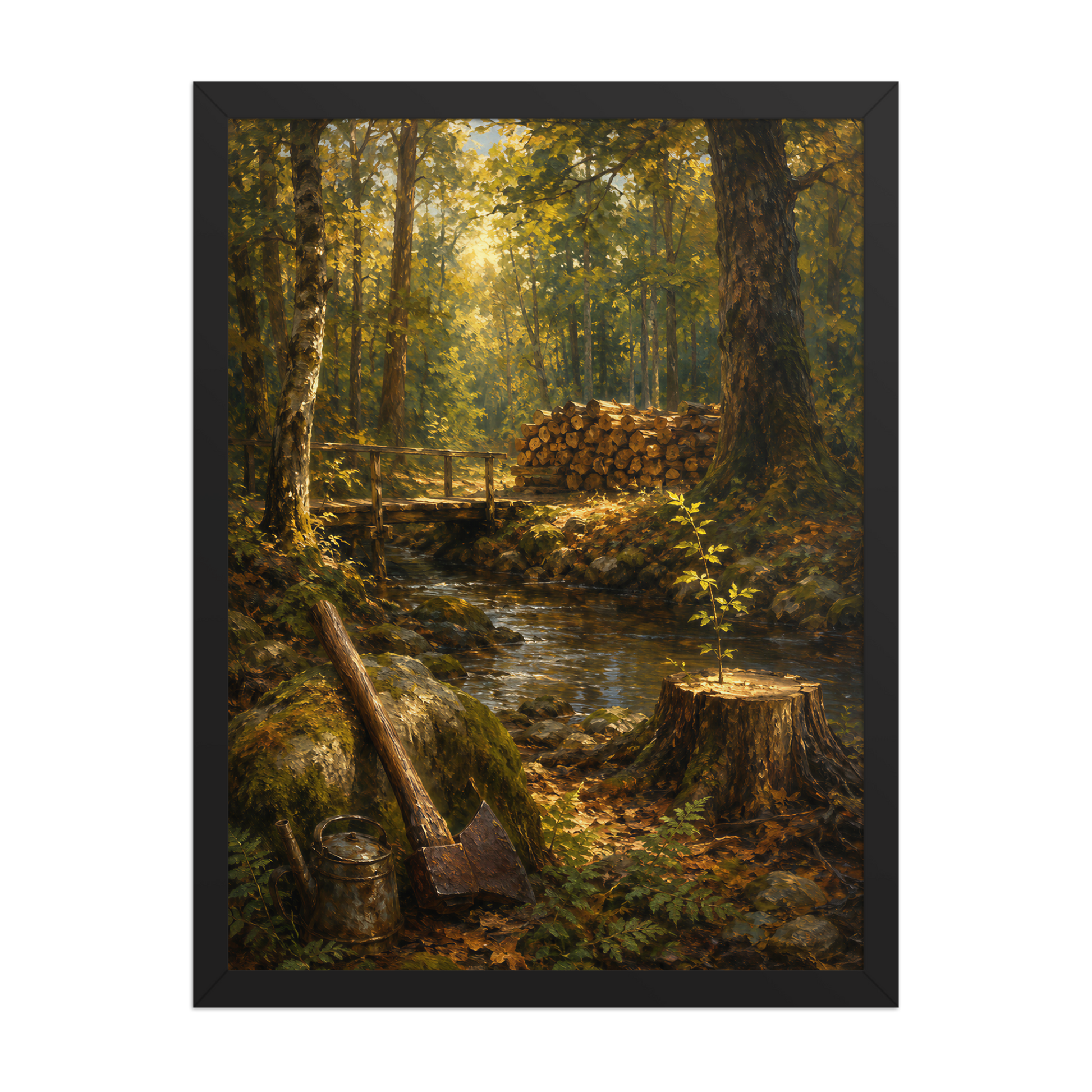 Framed Forest Clearing poster featuring a woodland stream, rustic bridge, axe, stacked firewood, and a young sapling growing from a tree stump, inspired by Follow the Yellow Brick Road, original Visual Poetry artwork.