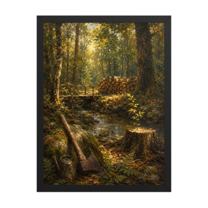 Framed Forest Clearing poster featuring a woodland stream, rustic bridge, axe, stacked firewood, and a young sapling growing from a tree stump, inspired by Follow the Yellow Brick Road, original Visual Poetry artwork.