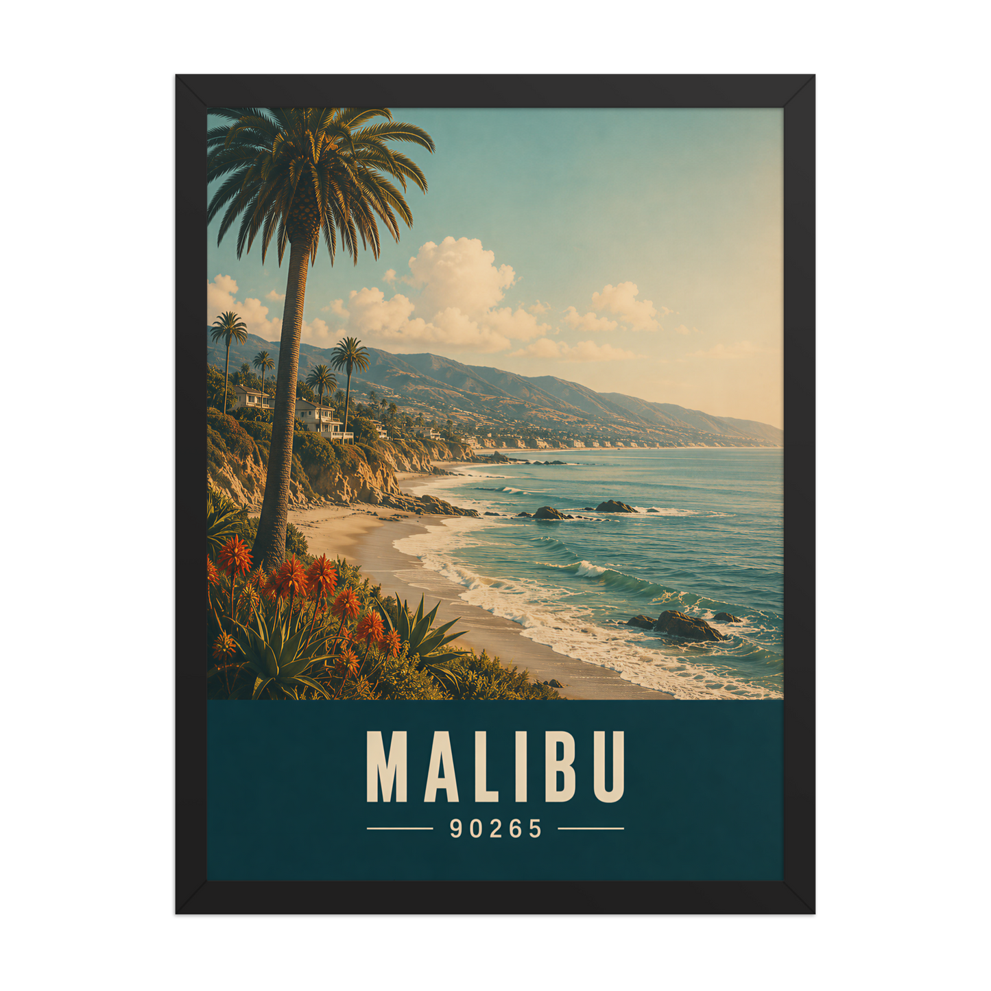 Framed Malibu California retro travel poster with 90265 zip code, coastal beach wall art