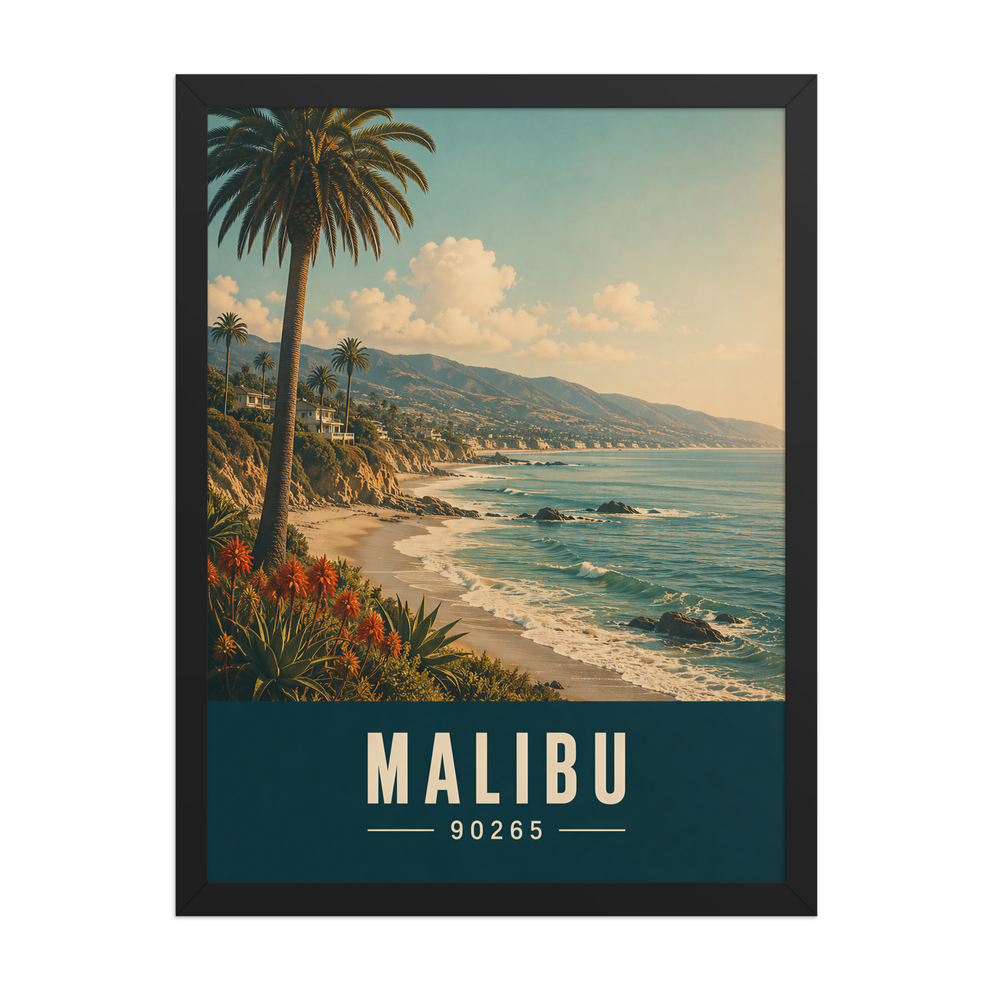Framed Malibu California retro travel poster with 90265 zip code, coastal beach wall art
