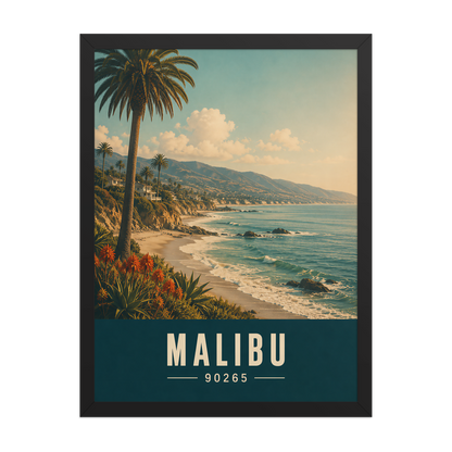 Framed Malibu California retro travel poster with 90265 zip code, coastal beach wall art