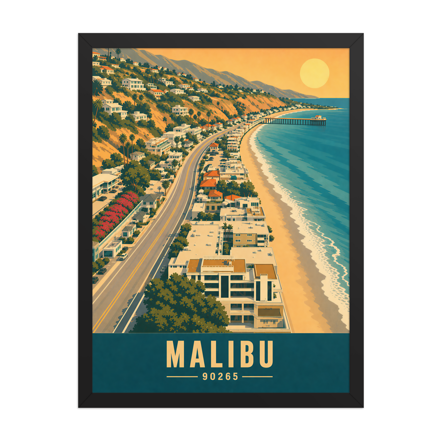 Framed aerial Malibu Pacific Coast Highway poster with 90265 zip code