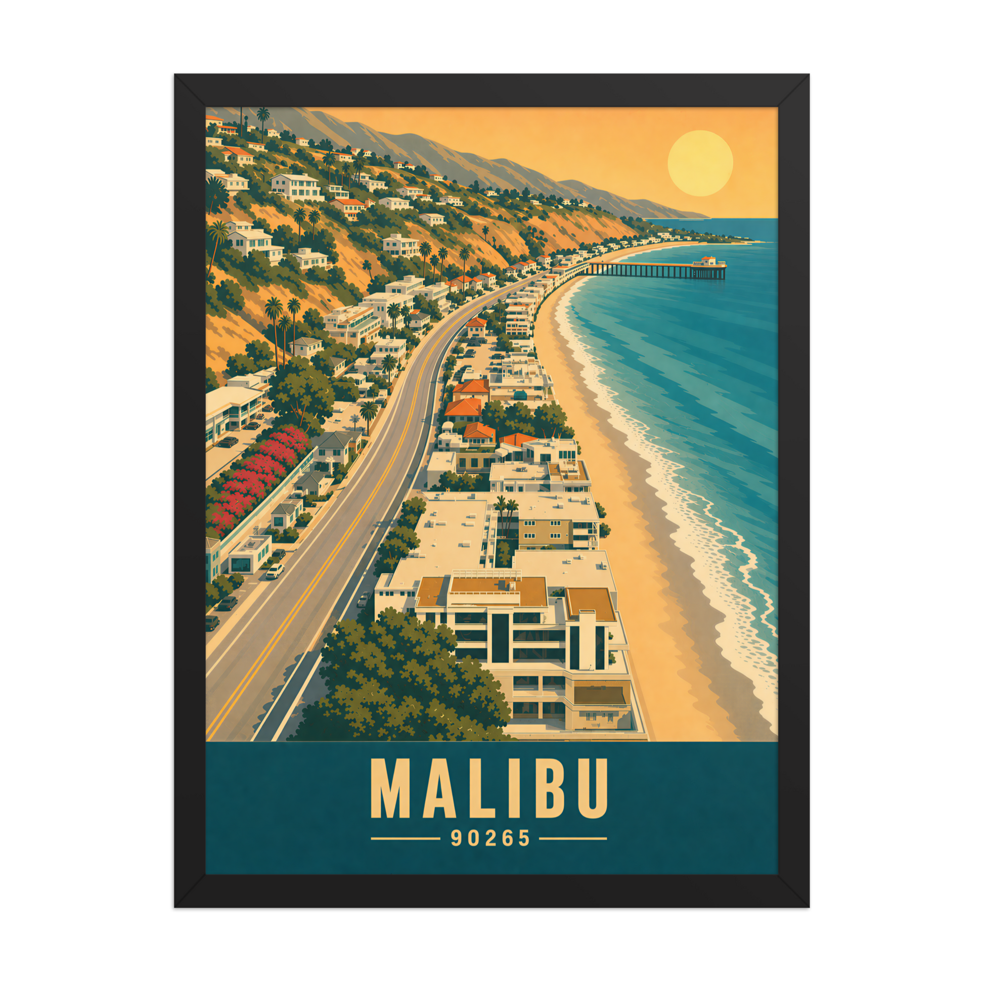 Framed aerial Malibu Pacific Coast Highway poster with 90265 zip code