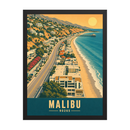 Framed aerial Malibu Pacific Coast Highway poster with 90265 zip code
