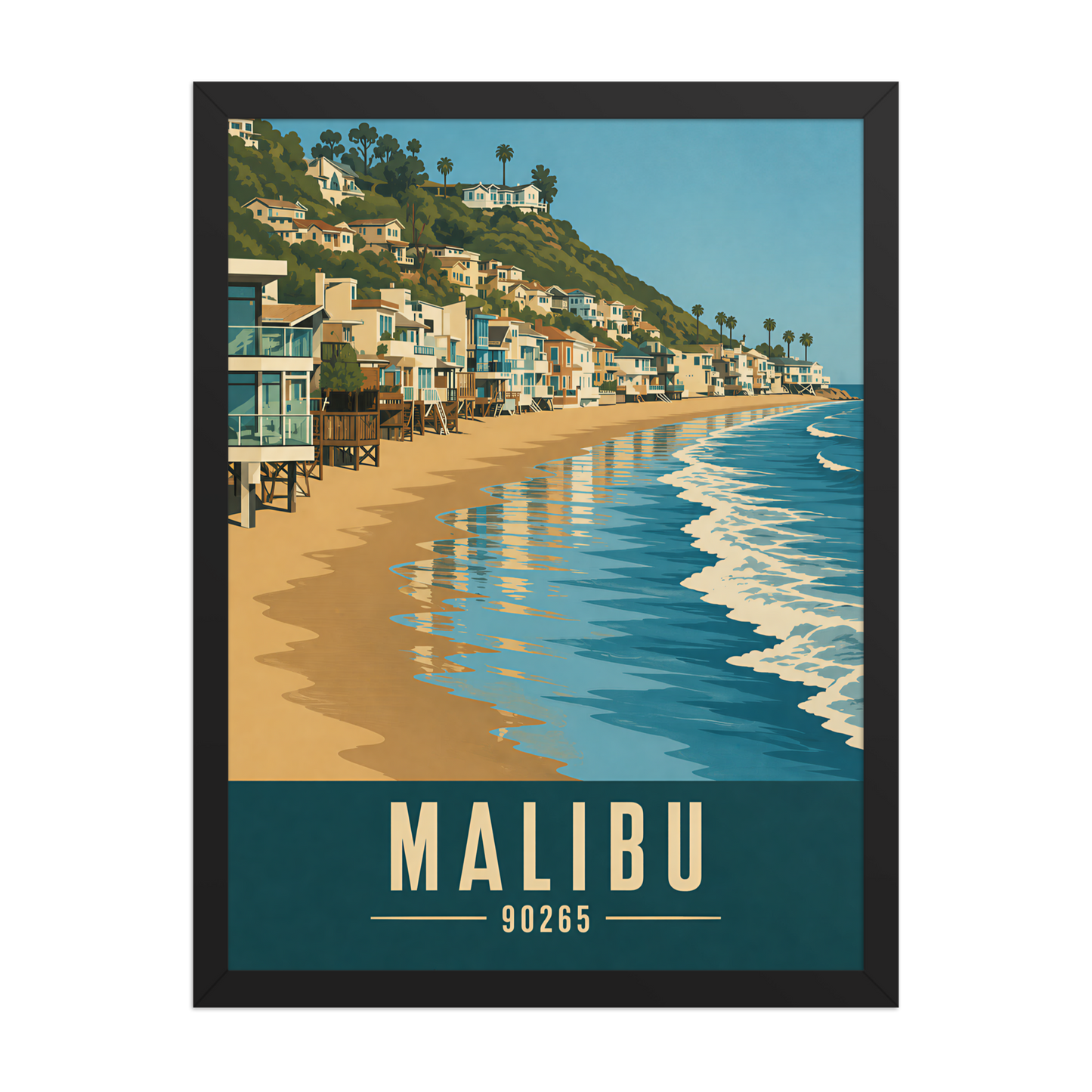 Framed Malibu beach house coastal poster with 90265 zip code