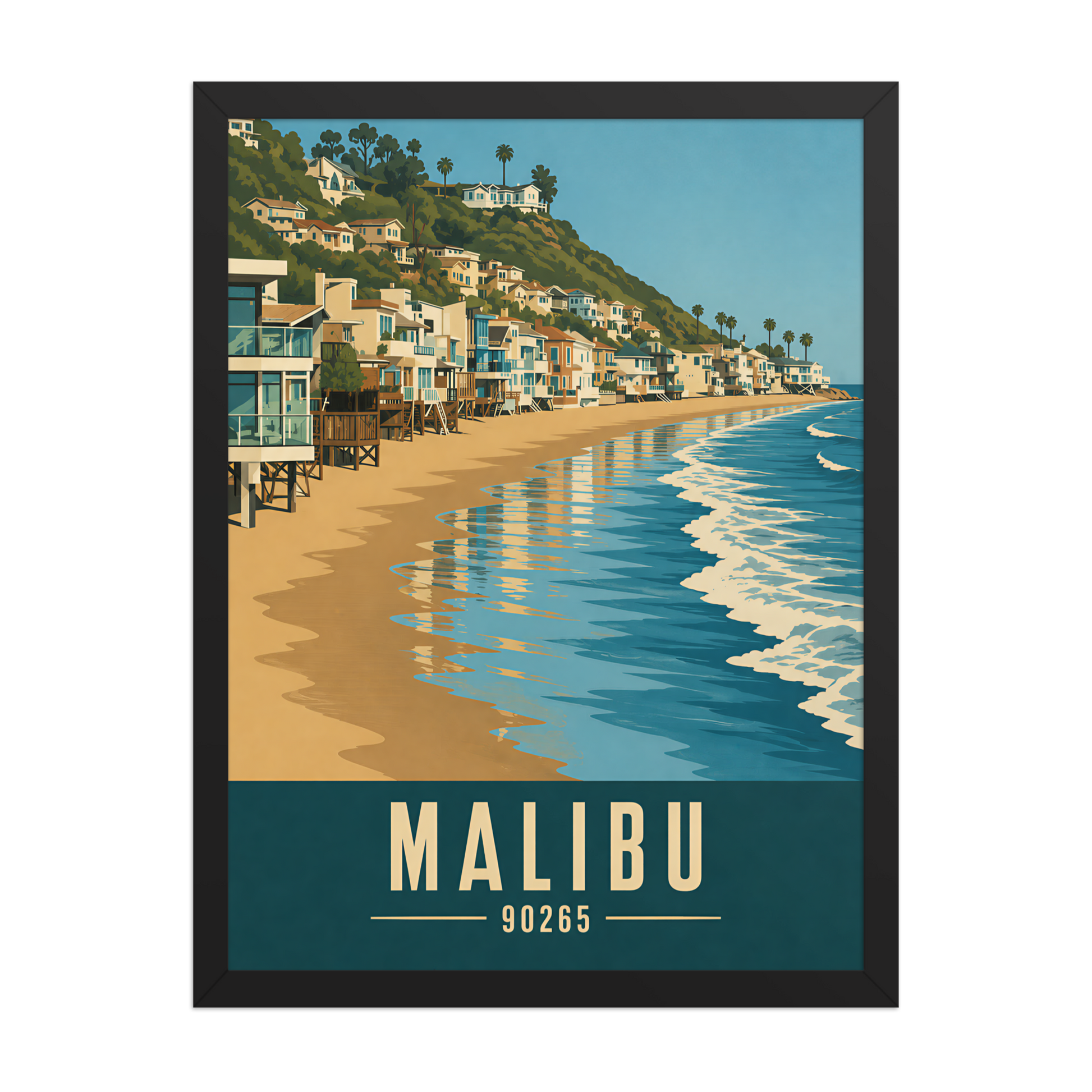 Framed Malibu beach house coastal poster with 90265 zip code