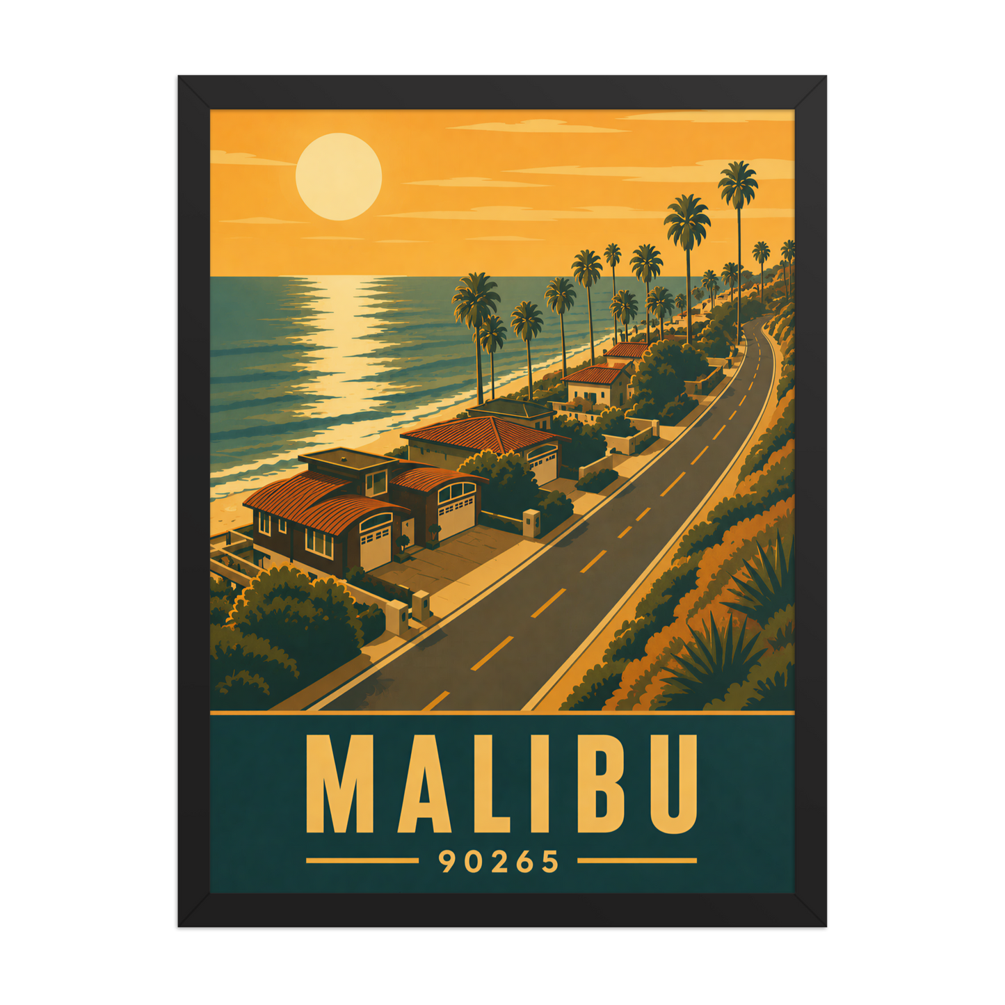 Framed Malibu palm-lined sunset coastal road poster with 90265 zip code