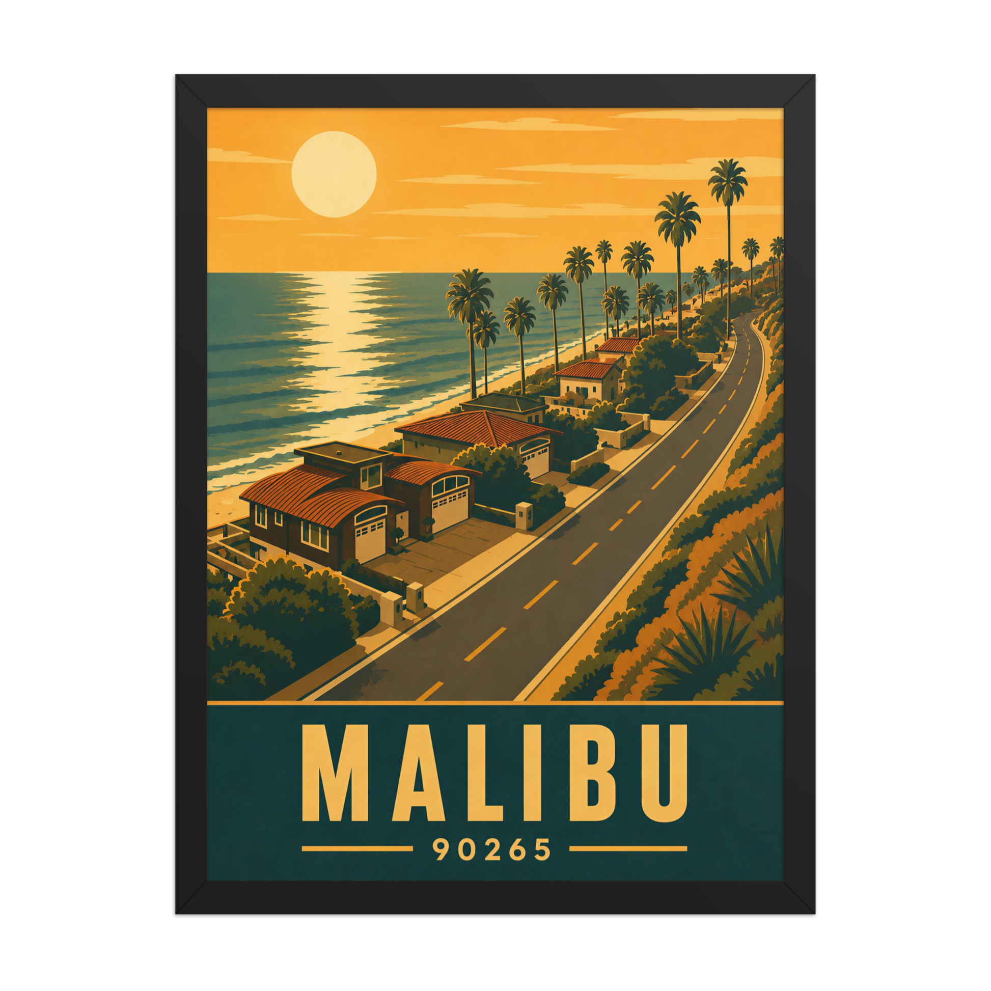 Framed Malibu palm-lined sunset coastal road poster with 90265 zip code